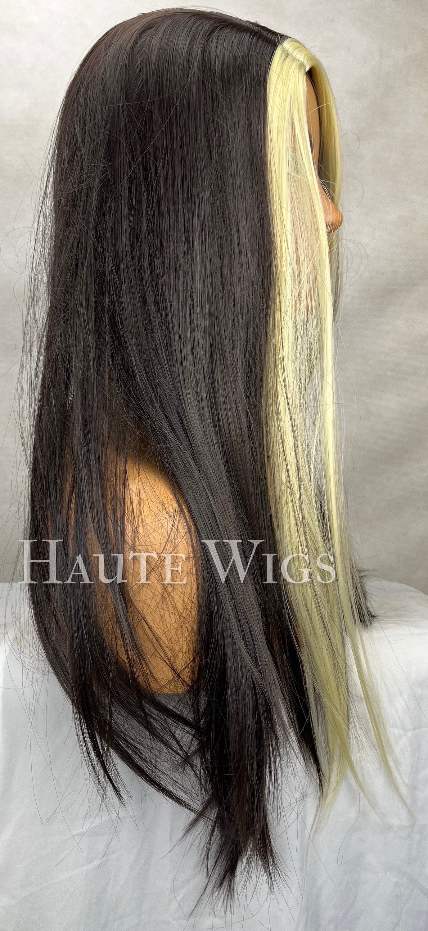 Getaway 22 inch Dark Brown Black & Blonde Money Piece Wig Streaks Highlights Hair emo Gift for her goth Role Play or Everyday Haute wigs