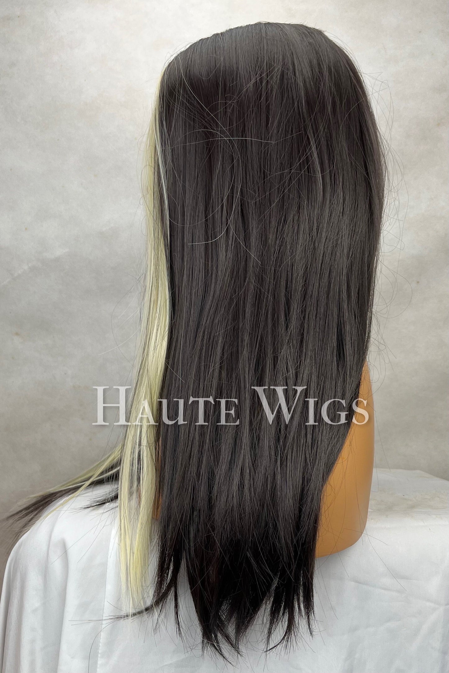 Getaway 22 inch Dark Brown Black & Blonde Money Piece Wig Streaks Highlights Hair emo Gift for her goth Role Play or Everyday Haute wigs