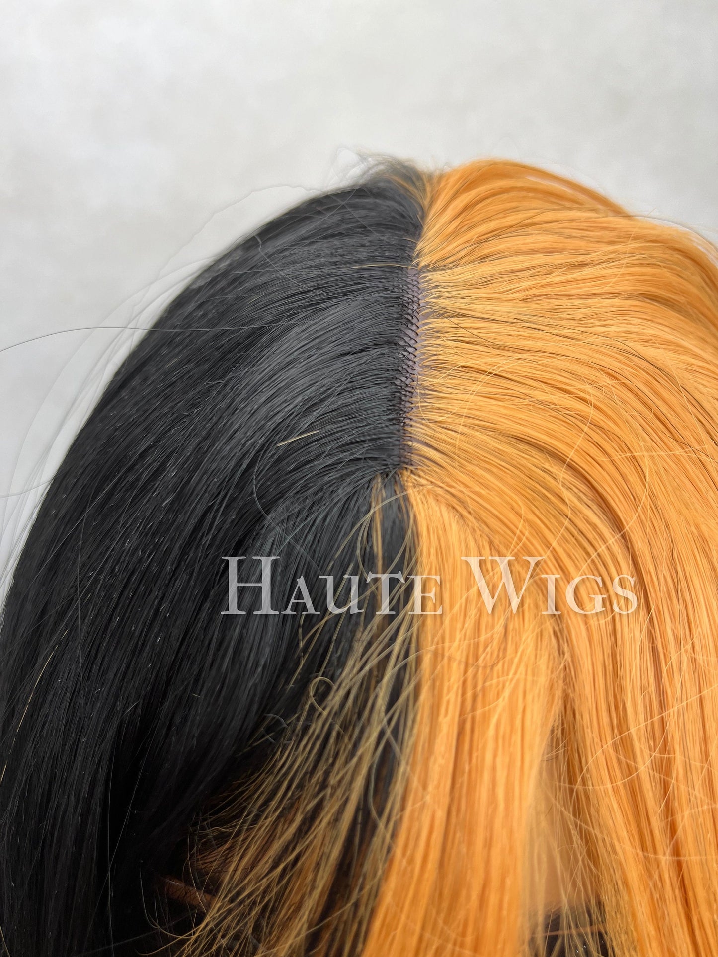 Straight And Narrow - 24 inch Half Black & Orange Wig unisex Hair Fringe Bangs Wavy gothic Gift for her Role Play Everyday Haute wigs goth