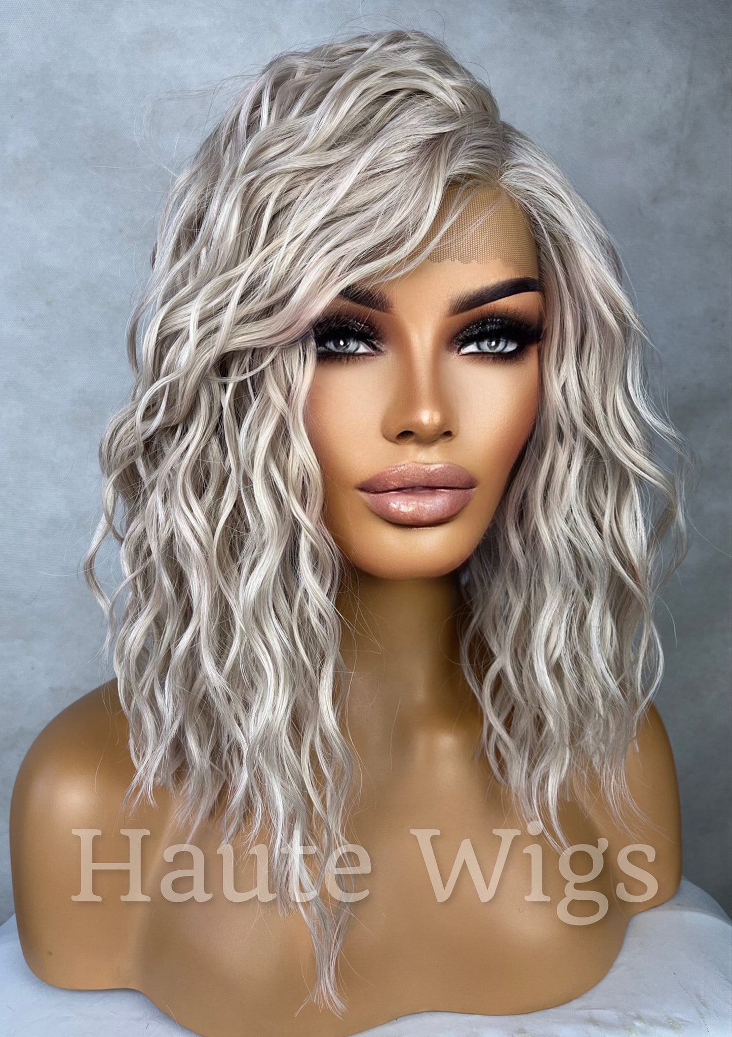Striking - Wavy 14 inch BOB Platinum White Silver Ash Blonde Wig Side Parting Womens HD Lace Front Realistic Human Hair Blend Ladies Gift