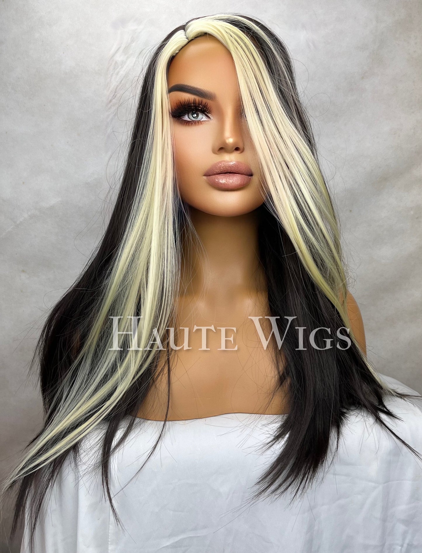 Getaway 22 inch Dark Brown Black & Blonde Money Piece Wig Streaks Highlights Hair emo Gift for her goth Role Play or Everyday Haute wigs