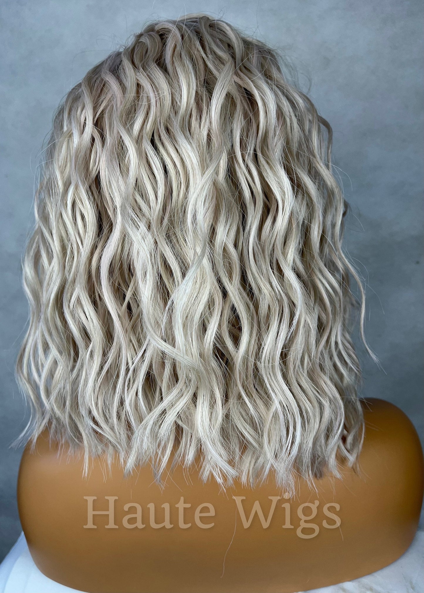 Striking - Wavy 14 inch BOB Platinum White Silver Ash Blonde Wig Side Parting Womens HD Lace Front Realistic Human Hair Blend Ladies Gift