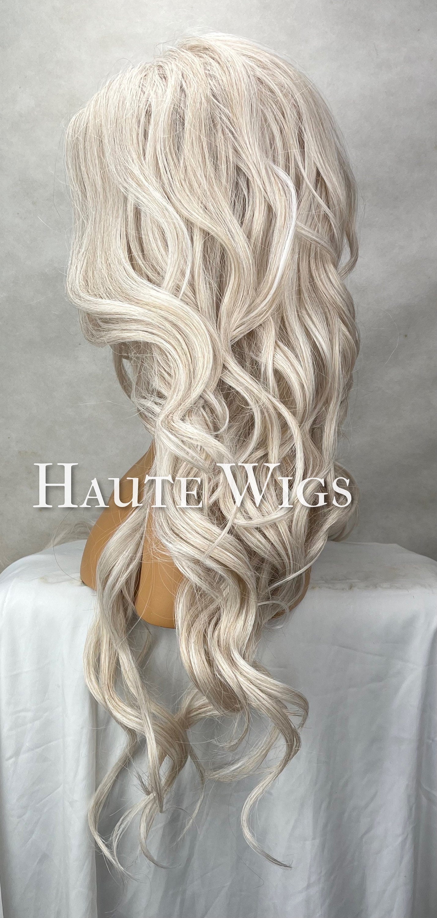 Legendary - Wavy 26 inch Platinum White Silver Ash Blonde Wig Center Parting Womens HD Lace Front Realistic Human Hair Blend Ladies Gift