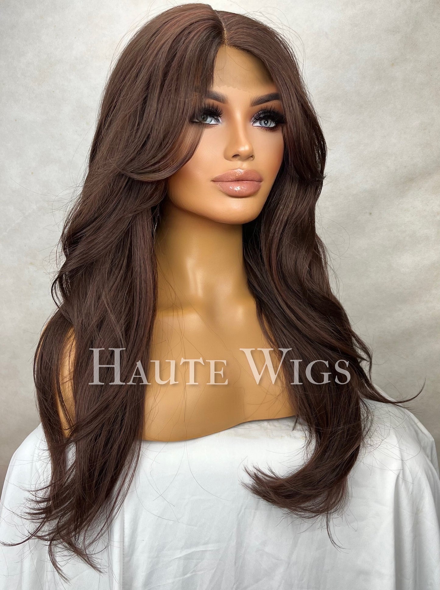Haute - 90s Inspired Layered Hair Wig Dark warm Brown Red tones With side Bangs / Fringe Straight Lace Front human Wigs Gift for her