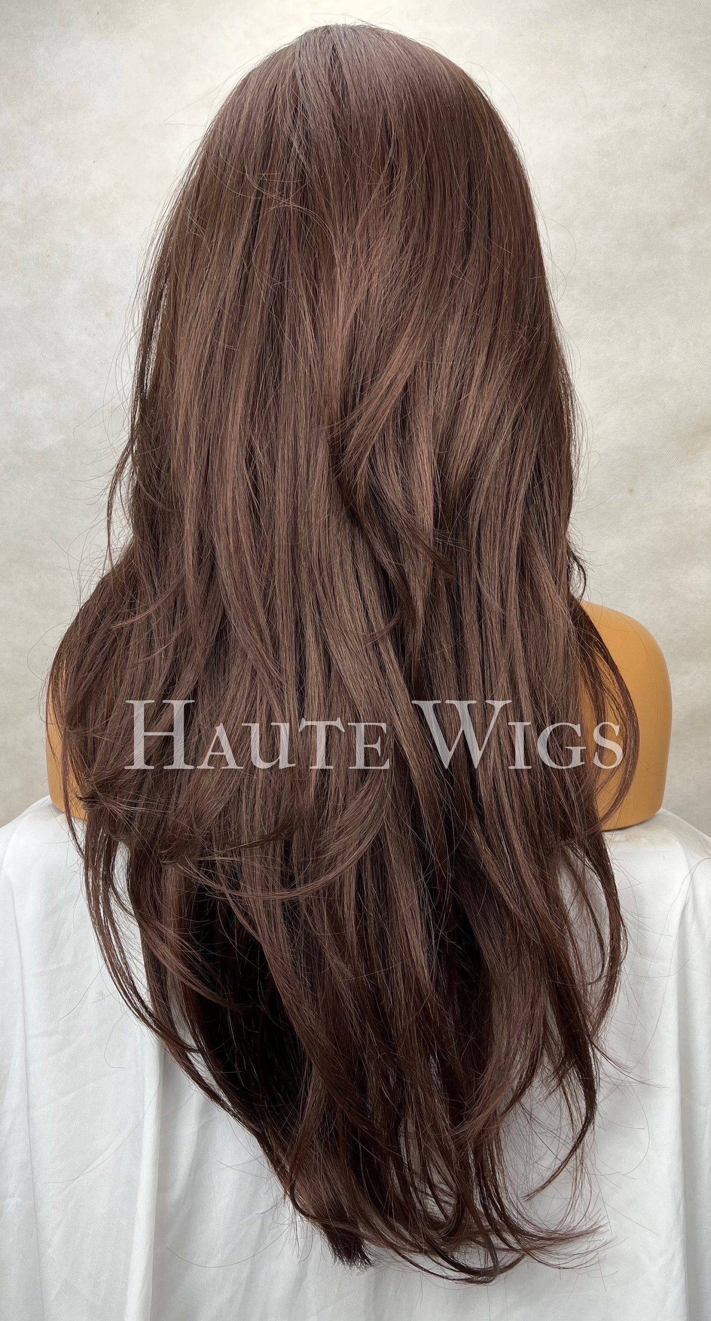 Haute - 90s Inspired Layered Hair Wig Dark warm Brown Red tones With side Bangs / Fringe Straight Lace Front human Wigs Gift for her