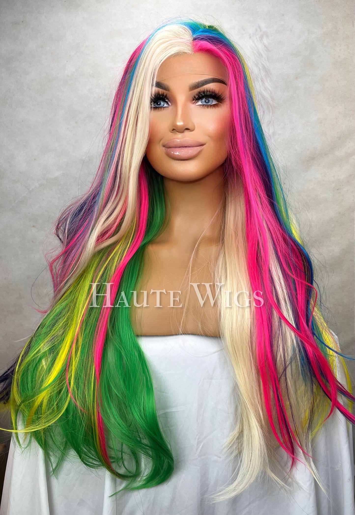 Psychedelic Barbie - Lace front 34 Inch Bright Green Blue Pink Blonde streaks Wig haute straight Wigs Ladies