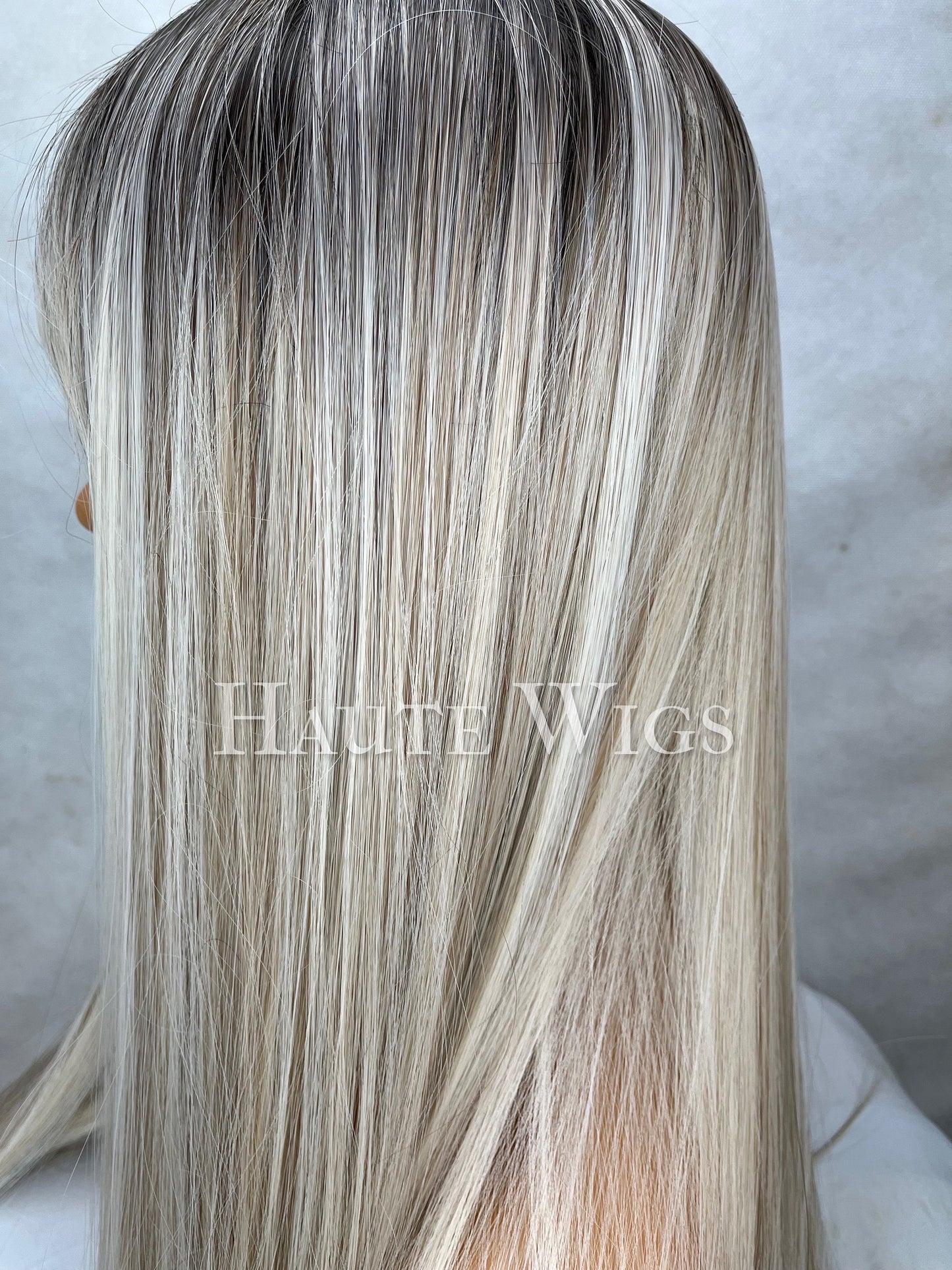 Crystal - Blonde With Dark Brown Roots Balayage Highlights 20 Inch Wig Straight Layered NO Lace Front bangs Wig Gift for her