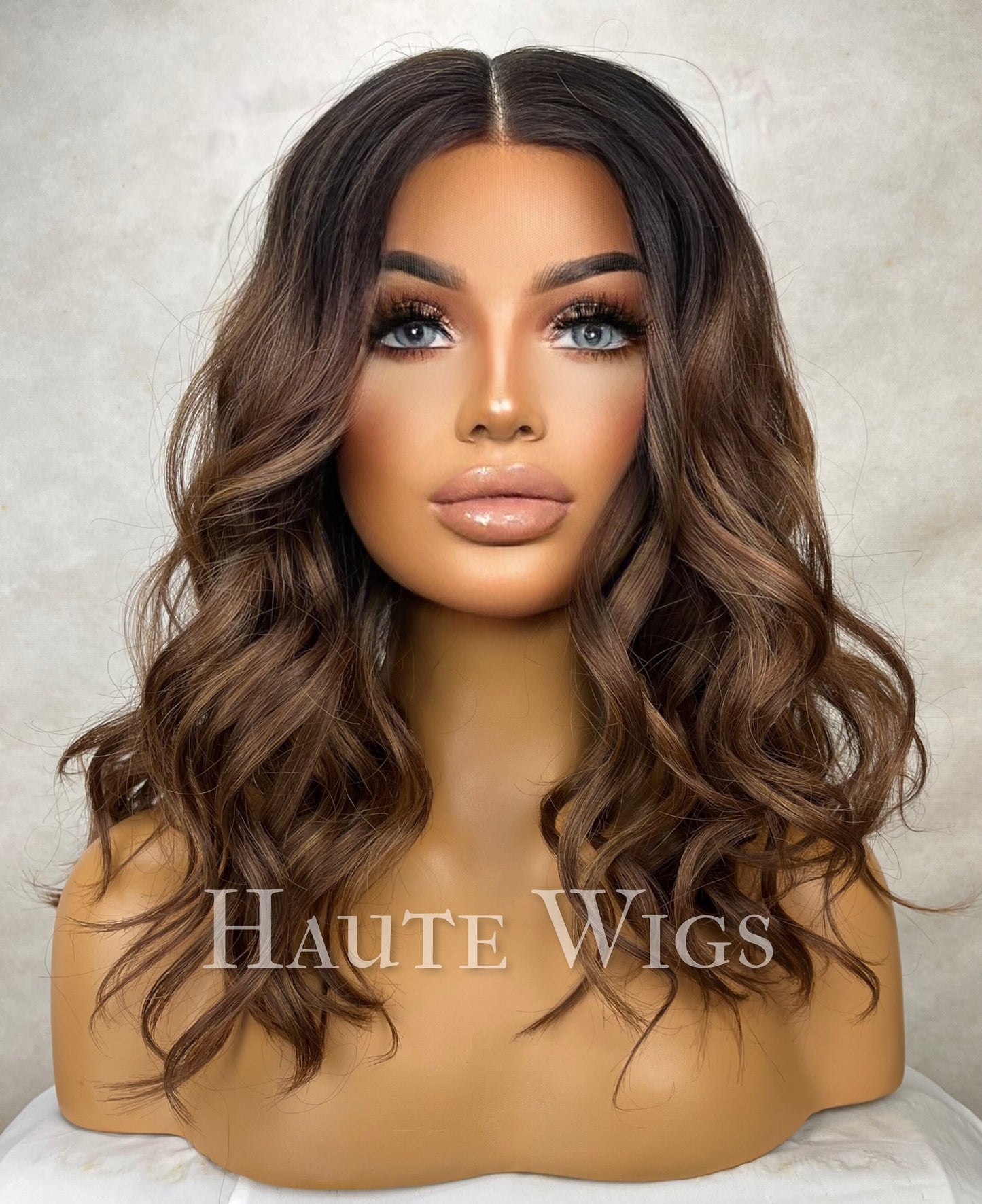 Natural Beauty - 14 inch Brunette Brown Wig Warm Highlights Hair Lace Front Wavy Human Hair synthetic Blends haute wigs gift for her