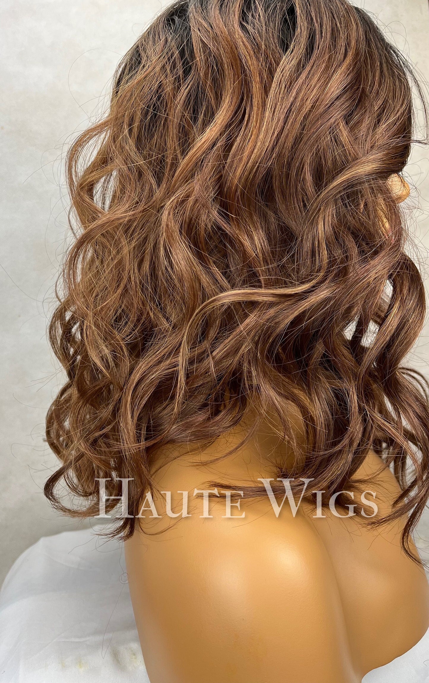 Natural Beauty - 14 inch Brunette Brown Wig Warm Highlights Hair Lace Front Wavy Human Hair synthetic Blends haute wigs gift for her