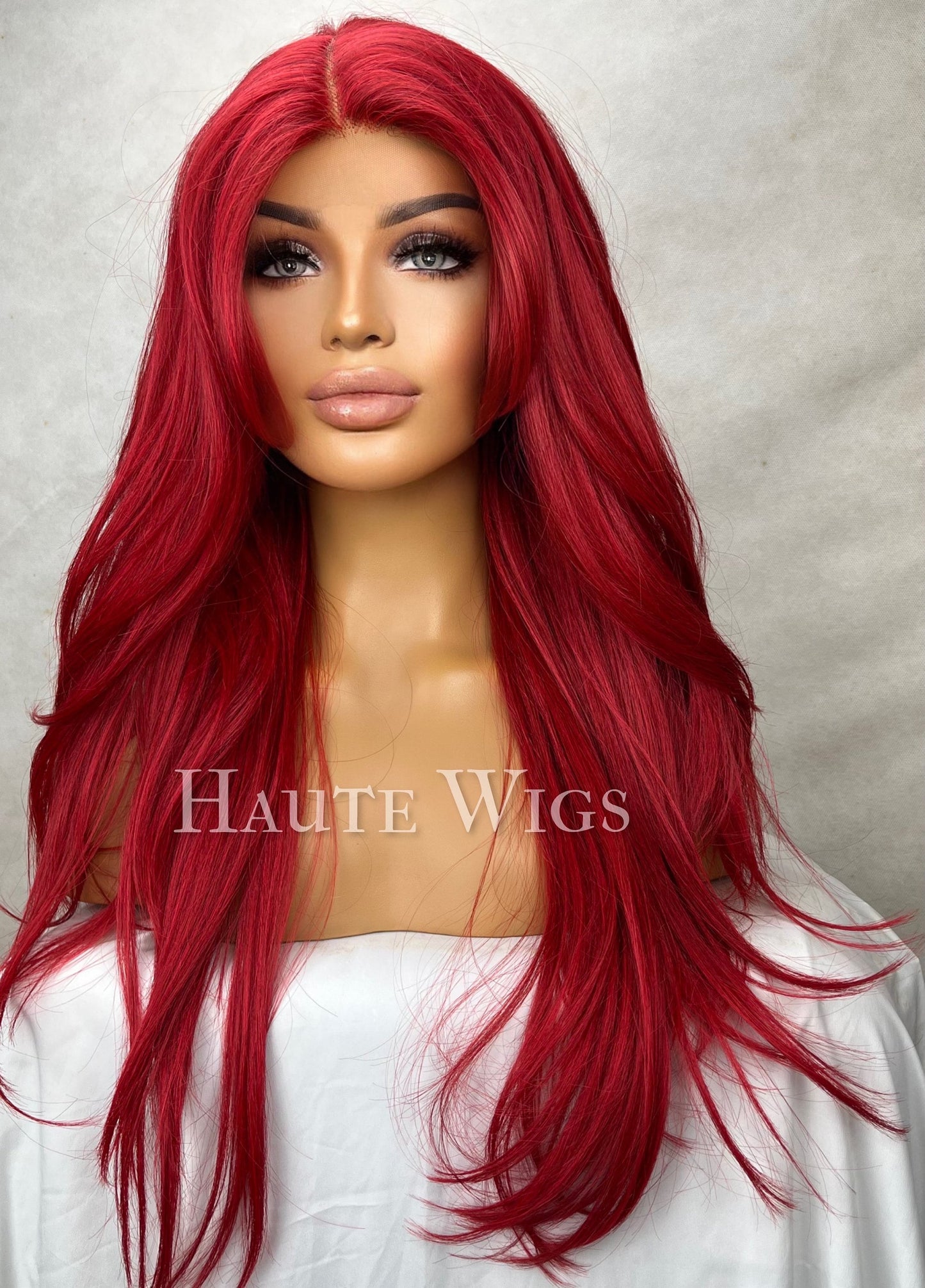 Cherry Cowgirl - 26 Inch Bright Red Wig Long Straight layered Womens Wig Human Hair Blends Lace Front Wigs Center Parting Realistic