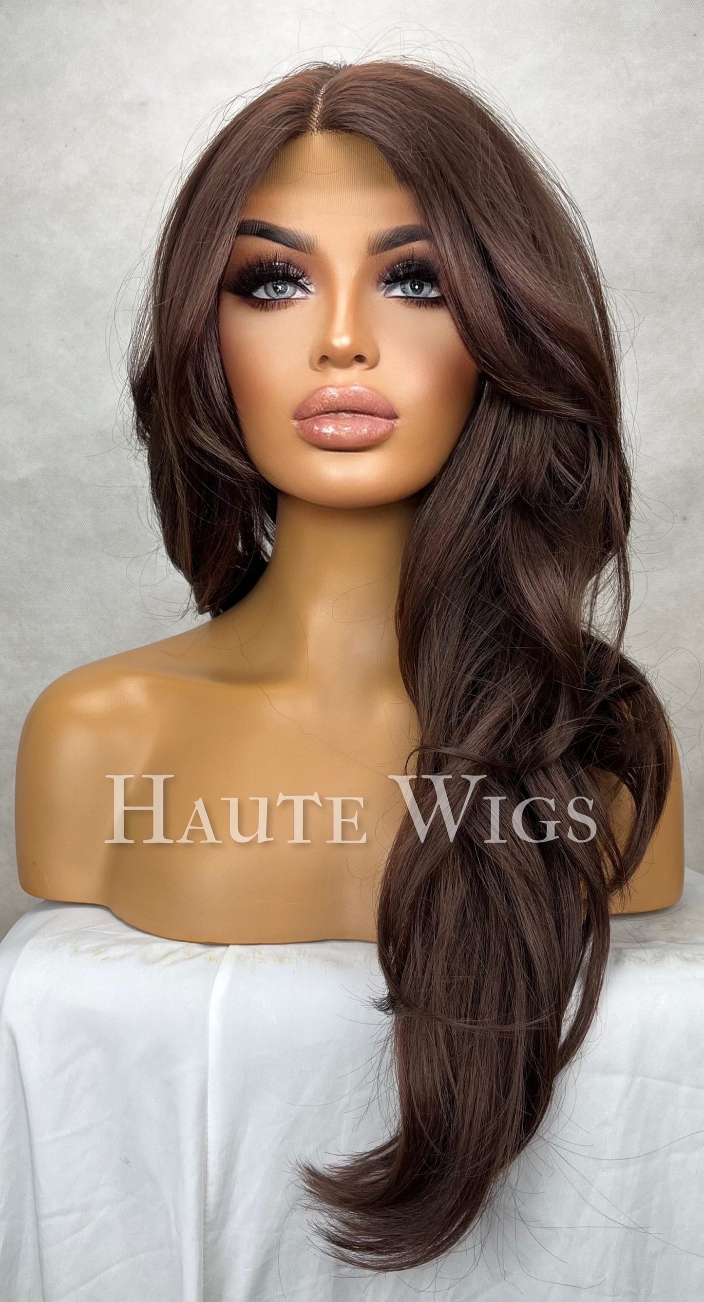 Haute - 90s Inspired Layered Hair Wig Dark warm Brown Red tones With side Bangs / Fringe Straight Lace Front human Wigs Gift for her