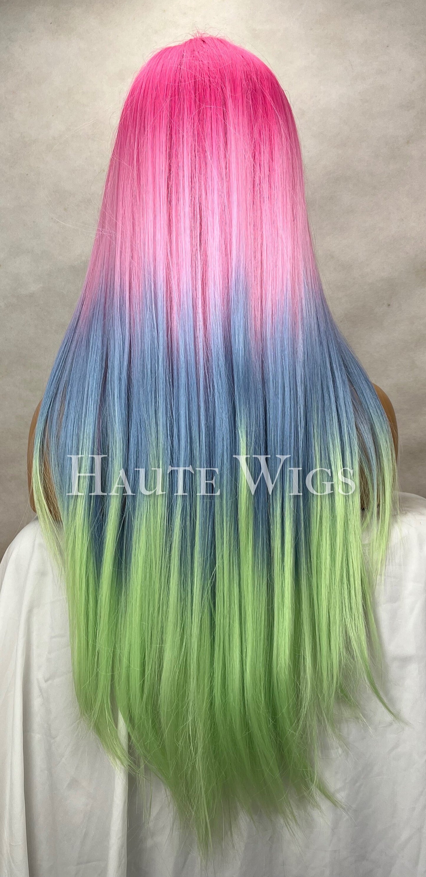 Notting Hill - 32 Inch Bright Pink Green Blue ombré gradient streaks Wig Lace Front, straight neon Ladies gift for her