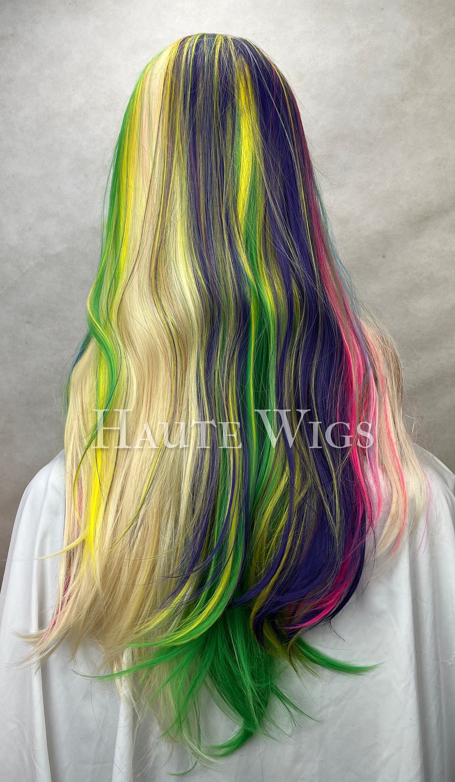 Psychedelic Barbie - Lace front 34 Inch Bright Green Blue Pink Blonde streaks Wig haute straight Wigs Ladies