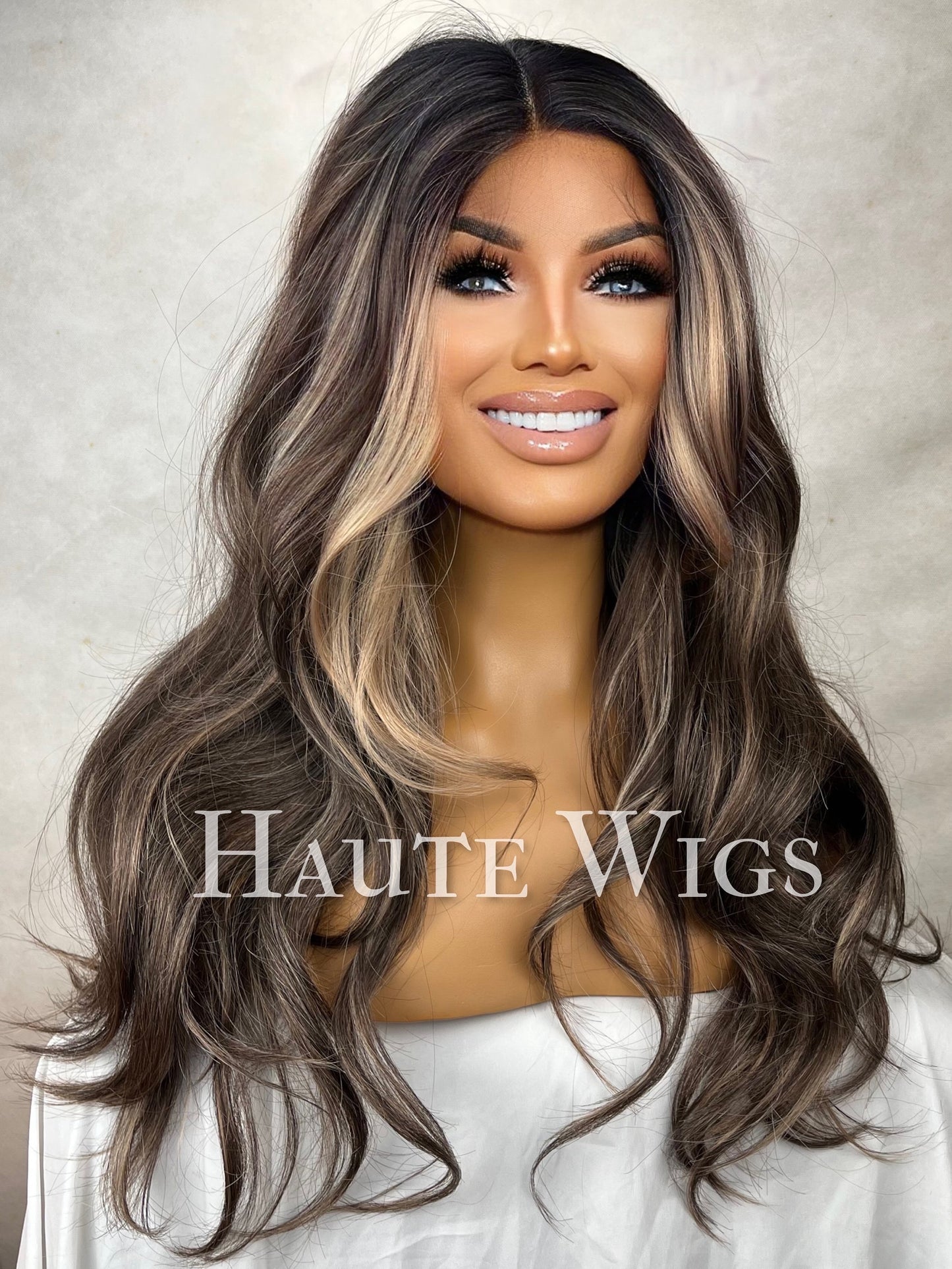 Valencia - 30 Inch Long Womens Wig Dark Brown With Blonde Highlights Streaks Balayage Curly Lace Front Wavy Human Hair Blends Haute Wigs