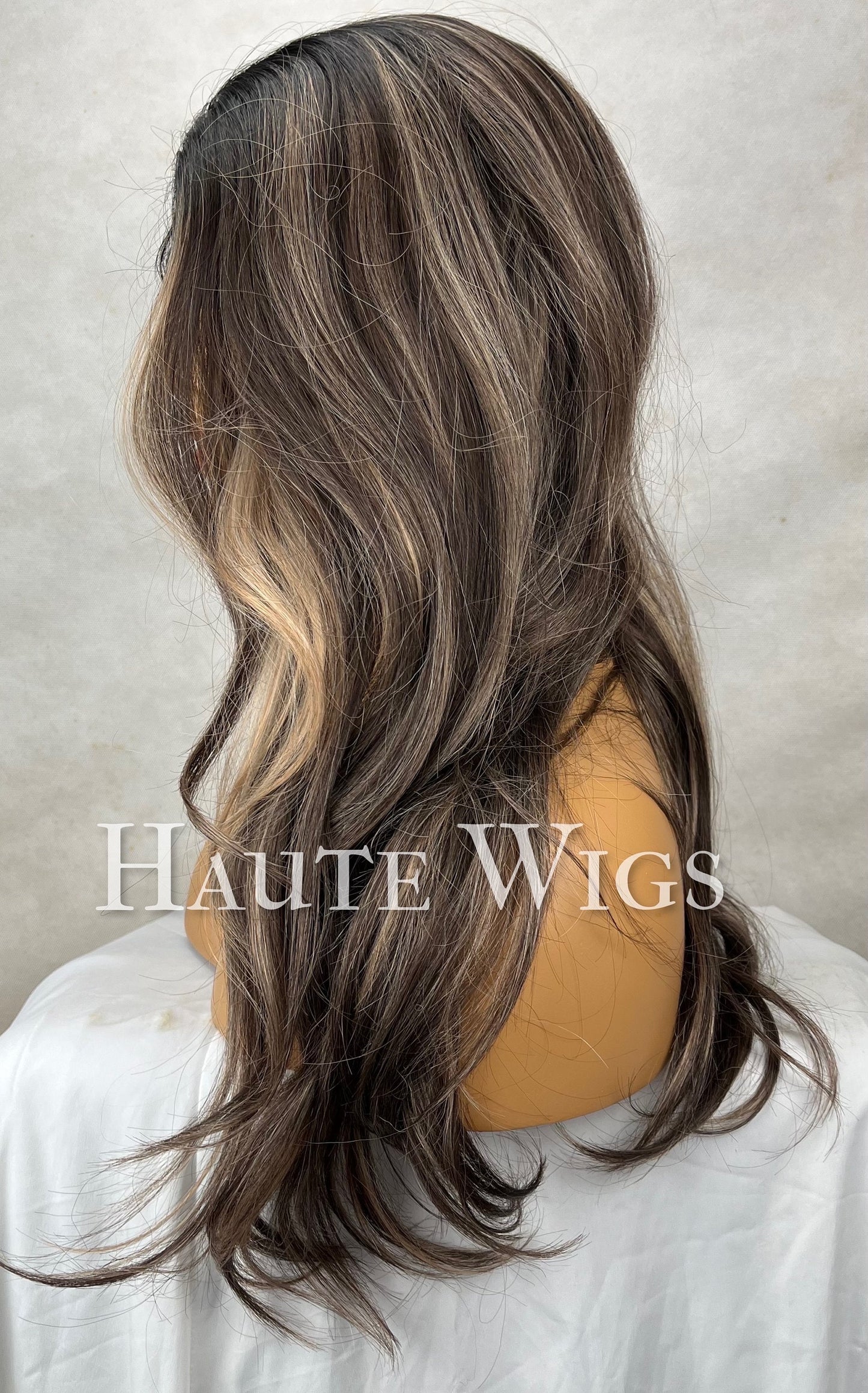 Valencia - 30 Inch Long Womens Wig Dark Brown With Blonde Highlights Streaks Balayage Curly Lace Front Wavy Human Hair Blends Haute Wigs