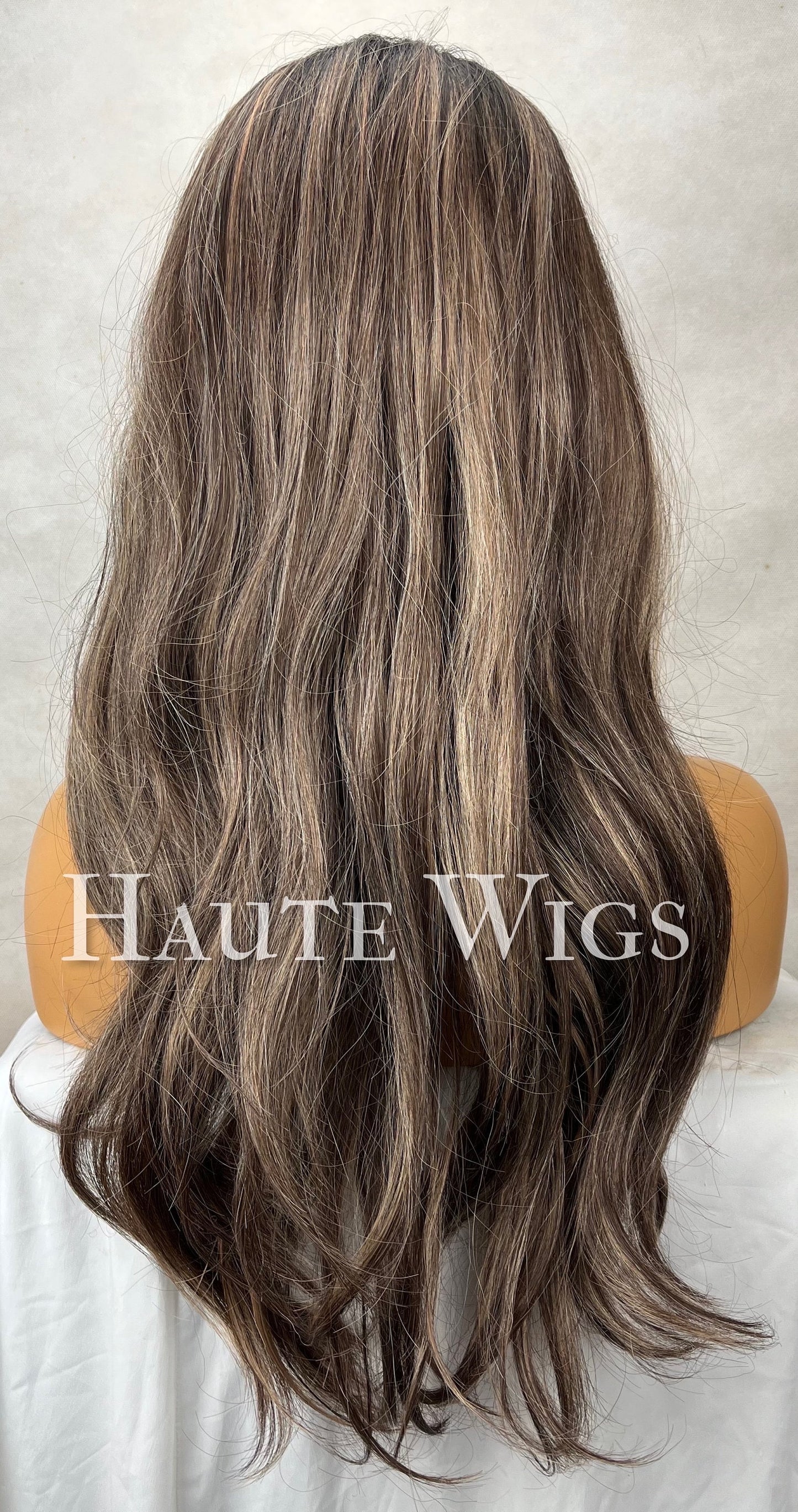 Valencia - 30 Inch Long Womens Wig Dark Brown With Blonde Highlights Streaks Balayage Curly Lace Front Wavy Human Hair Blends Haute Wigs