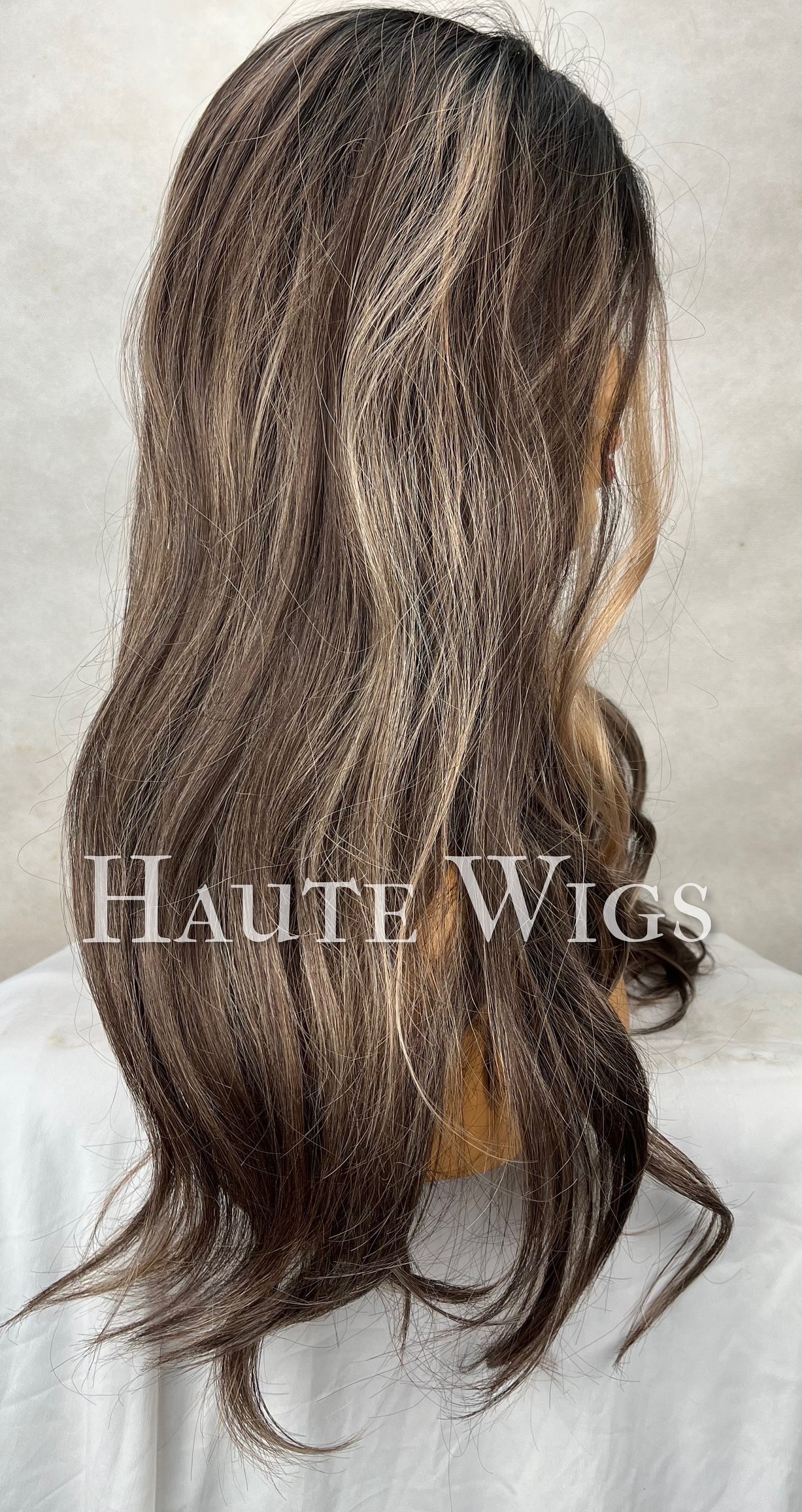 Valencia - 30 Inch Long Womens Wig Dark Brown With Blonde Highlights Streaks Balayage Curly Lace Front Wavy Human Hair Blends Haute Wigs