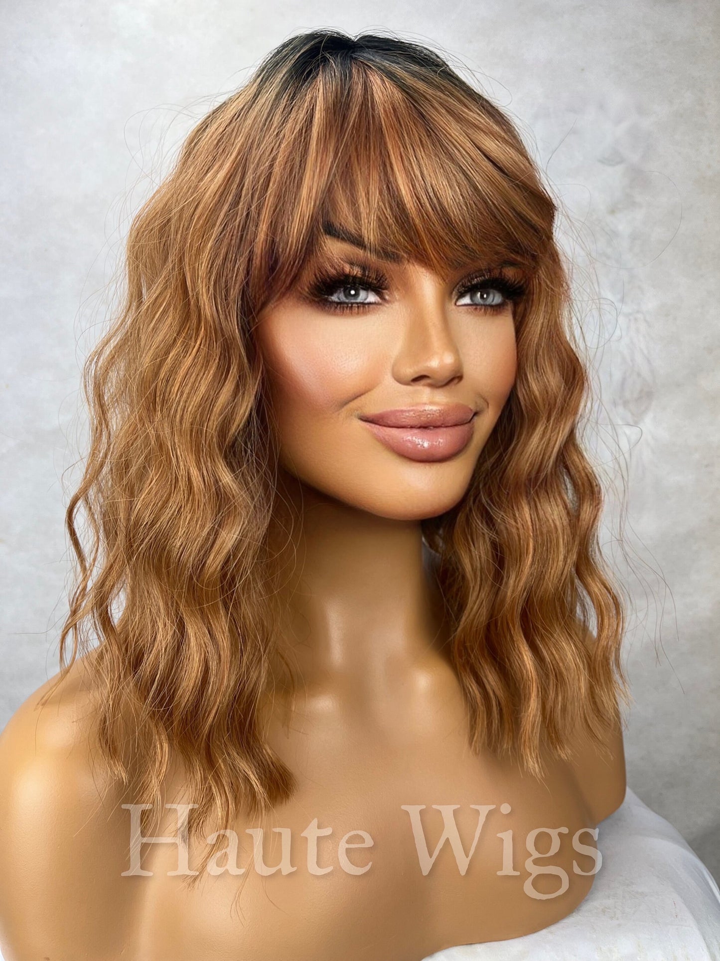Gingerbread girl - Copper Wig With Bangs / Fringe Deep Golden Ginger Brown dark roots Wavy Curly Ladies Womens Wigs No Lace Front
