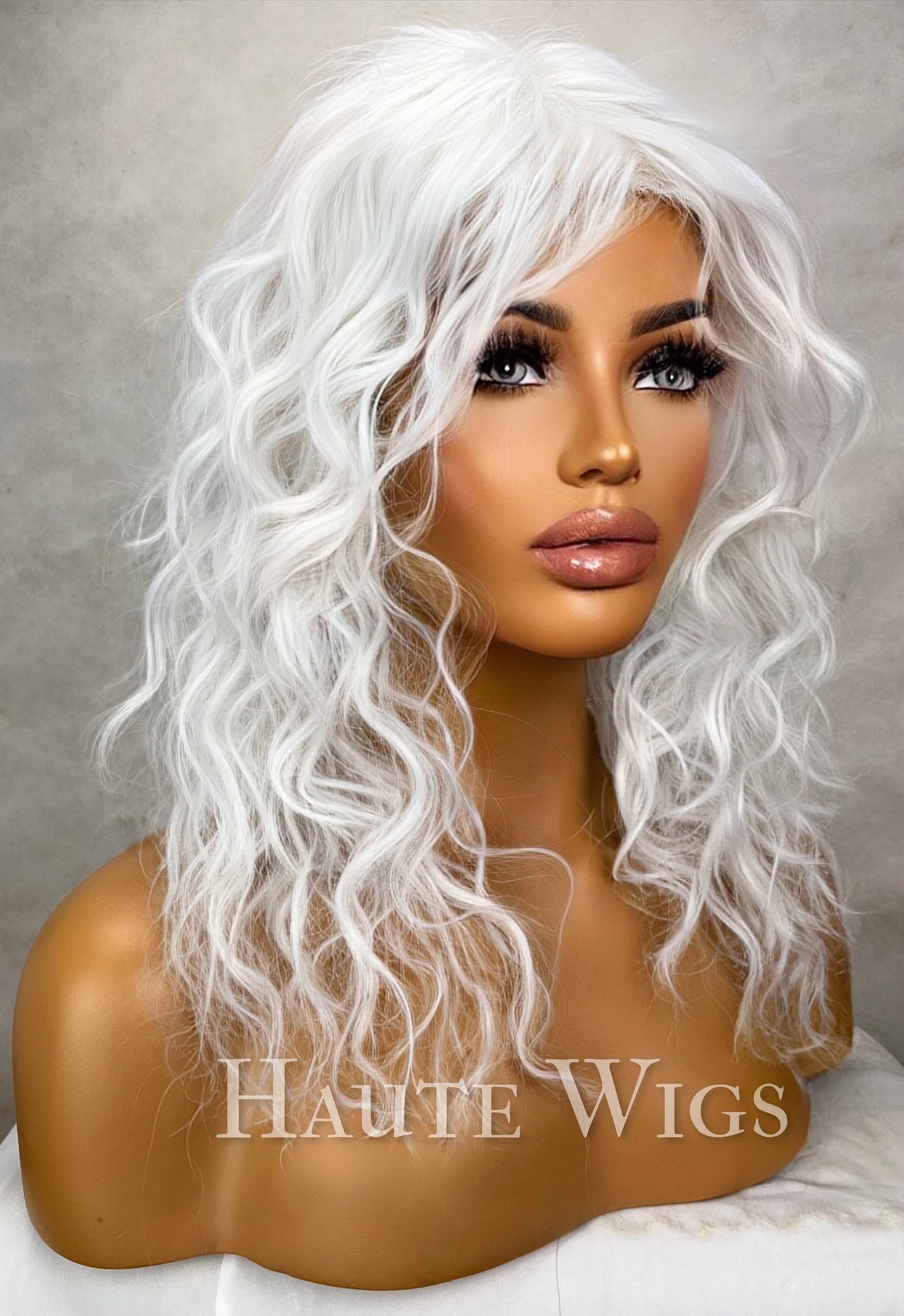 Ice - White Ashy Wavy Curly 14 Inches Wig Fringe Bangs Platinum Peroxide Blonde - costume play - gift for her - haute wigs