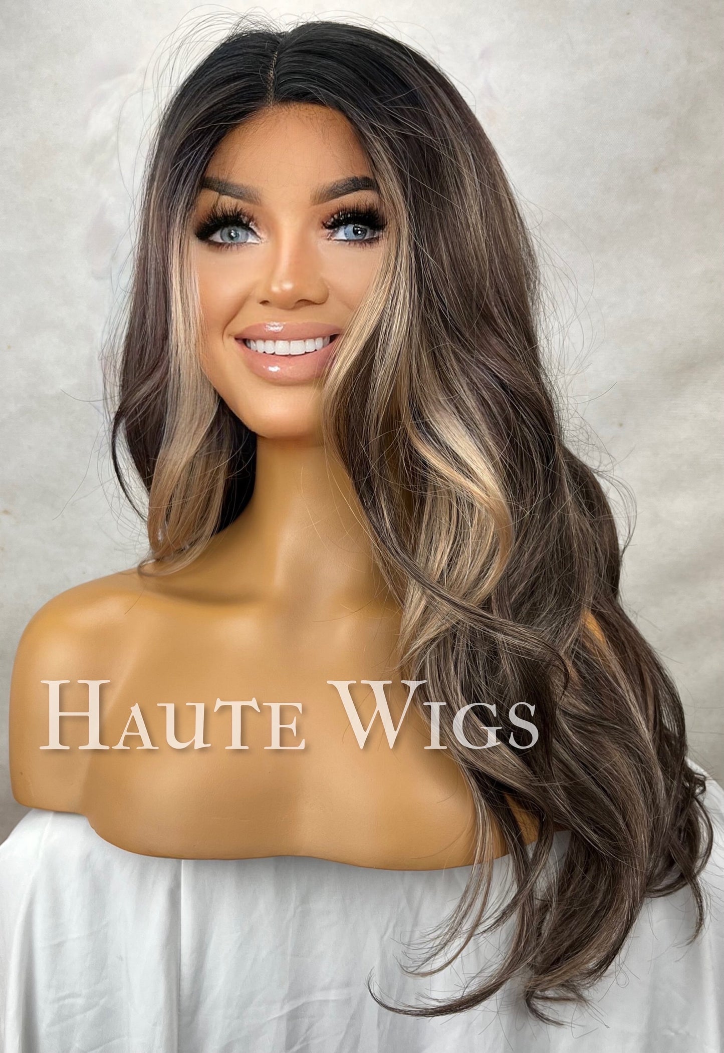 Valencia - 30 Inch Long Womens Wig Dark Brown With Blonde Highlights Streaks Balayage Curly Lace Front Wavy Human Hair Blends Haute Wigs