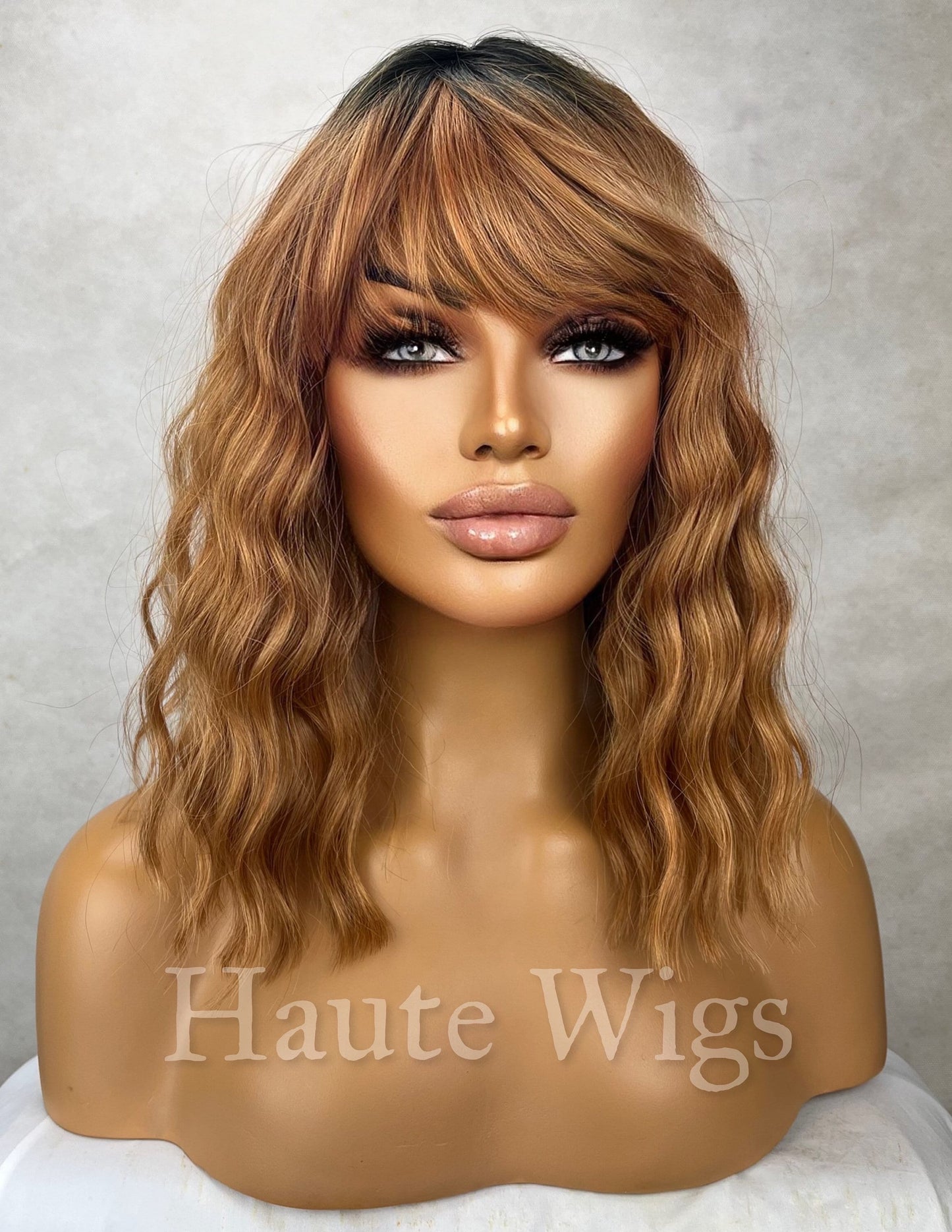 Gingerbread girl - Copper Wig With Bangs / Fringe Deep Golden Ginger Brown dark roots Wavy Curly Ladies Womens Wigs No Lace Front