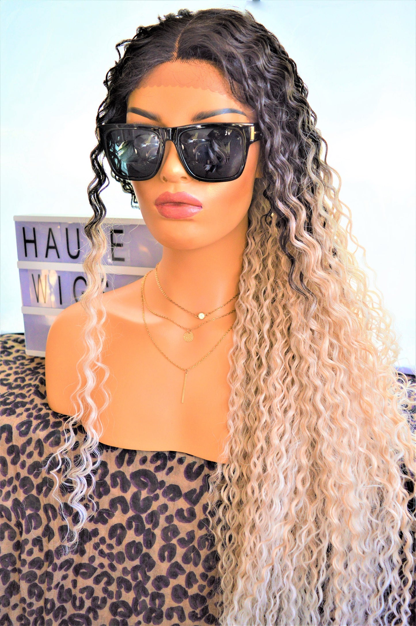Skylar 40" Super Long Silver Platinum Ash silver Blonde Ombre Black wet waves curly Wig Lace Front Perm - 90s inspiration