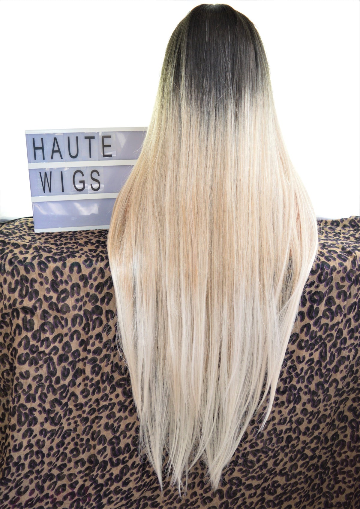 40" Lace Front Wig: Platinum Silver Blonde Ombre Human Hair Blend