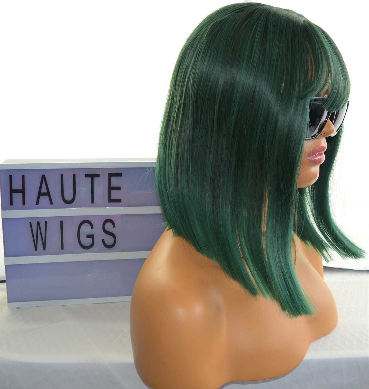 Emerald Green Bob Wig: Blunt Cut, Fringe Bangs, Heat Resistant