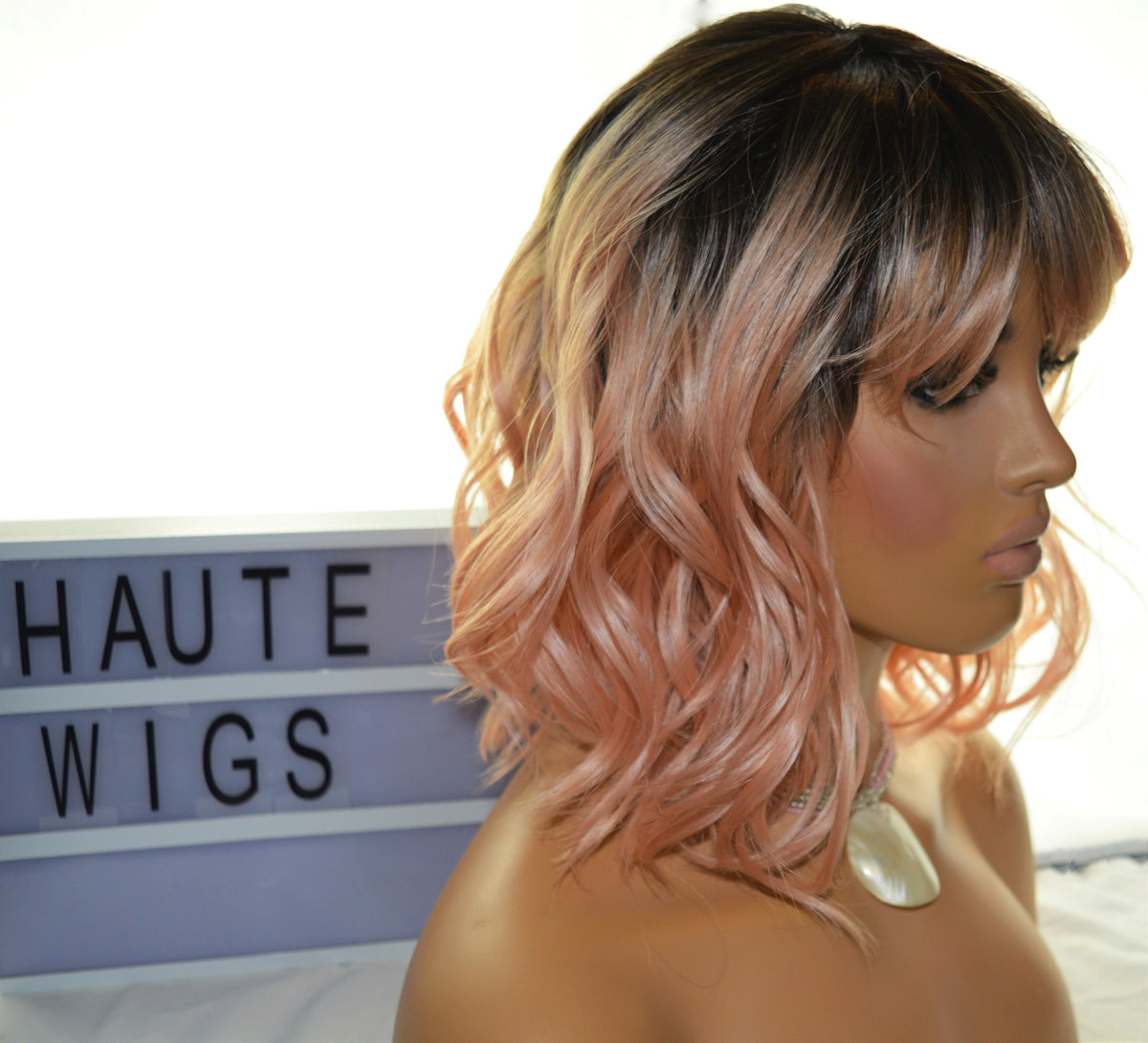 Ombre Peach Bob Wig: 12 Inch Wavy Human Hair Blend Wig with Bangs