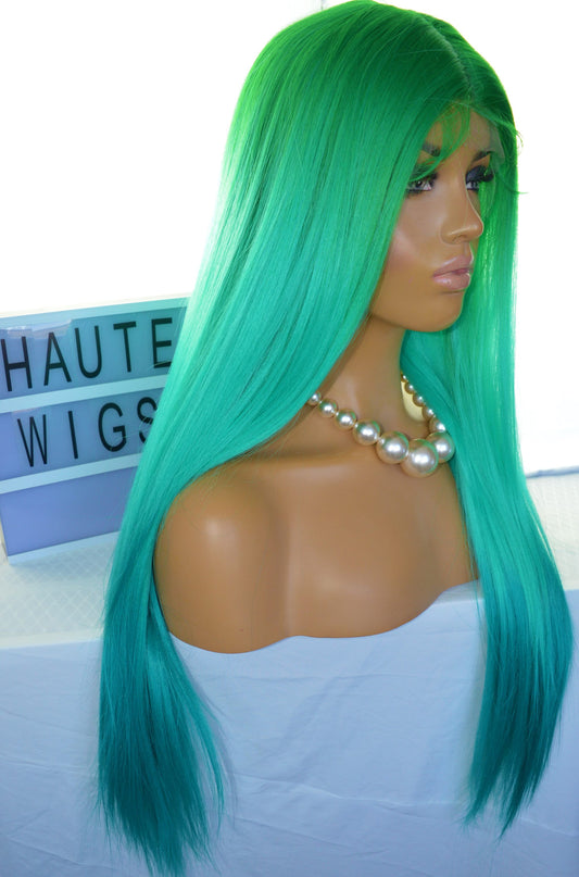 28 Inch Ombre Wig: Neon Green, Teal, Turquoise, Blue Lace Front