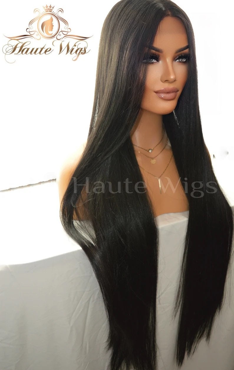 40 Inch Jet Black Straight Wig: Human Hair Blend Lace Front