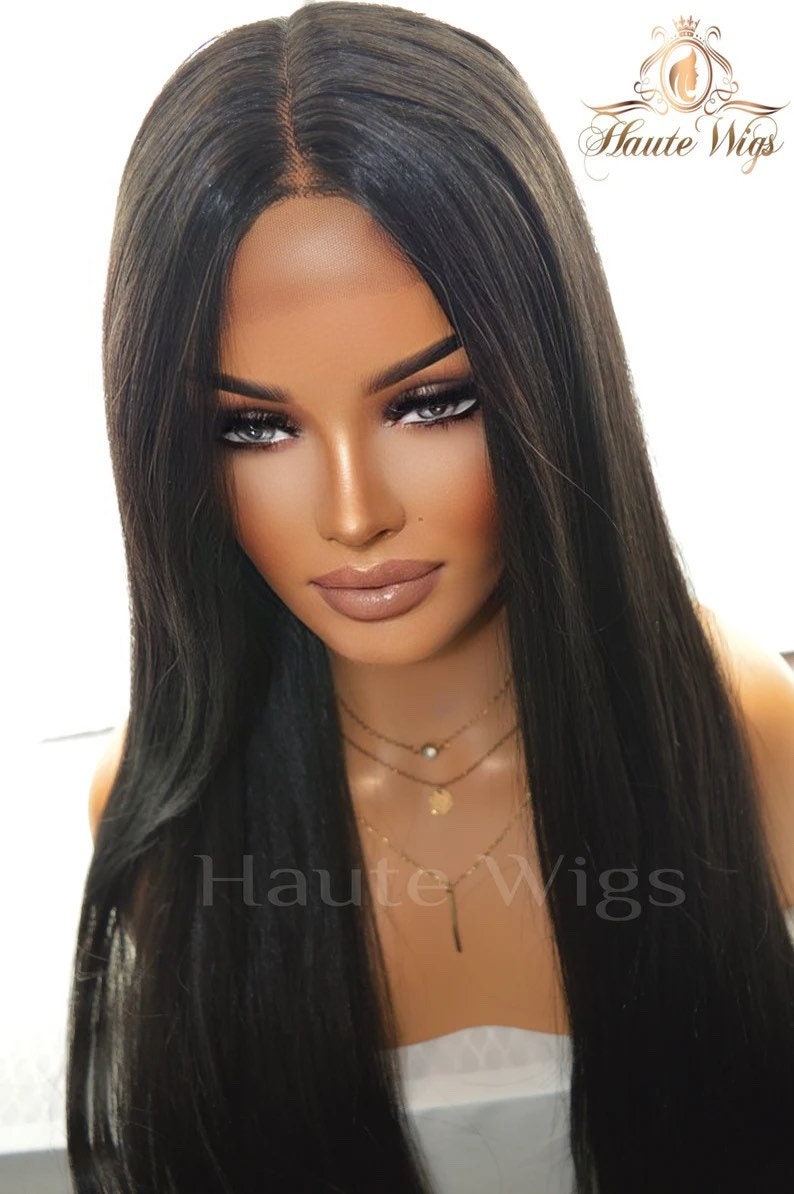 40 Inch Jet Black Straight Wig: Human Hair Blend Lace Front