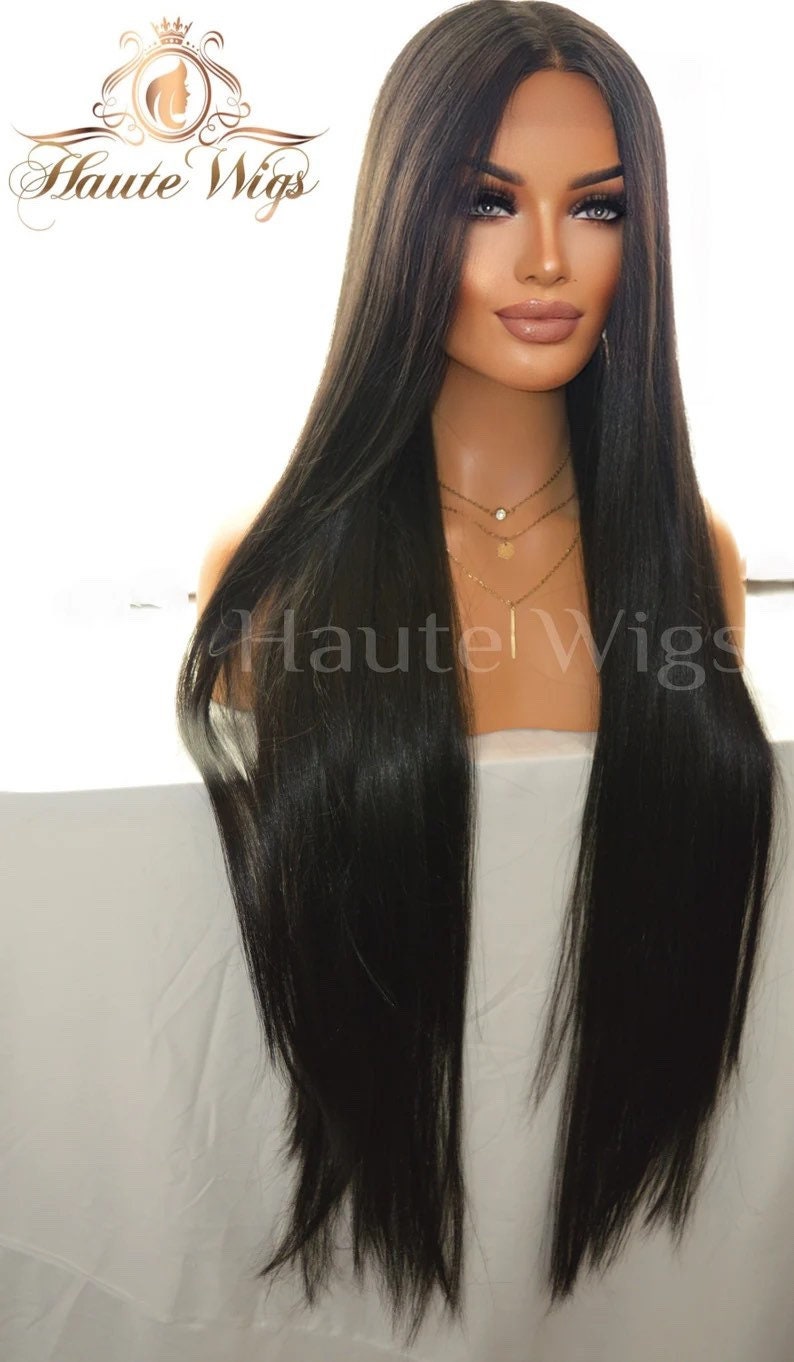 40 Inch Jet Black Straight Wig: Human Hair Blend Lace Front