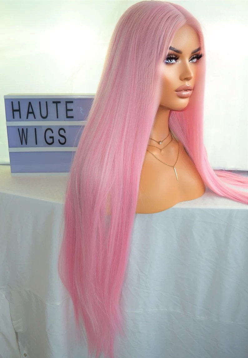 Babie XXX Long 40 Inches Lace Front Human Hair Womens Wig Ladies Cotton Candy Light Pink Luxury Baby Hairs Center Parting Straight Wigs