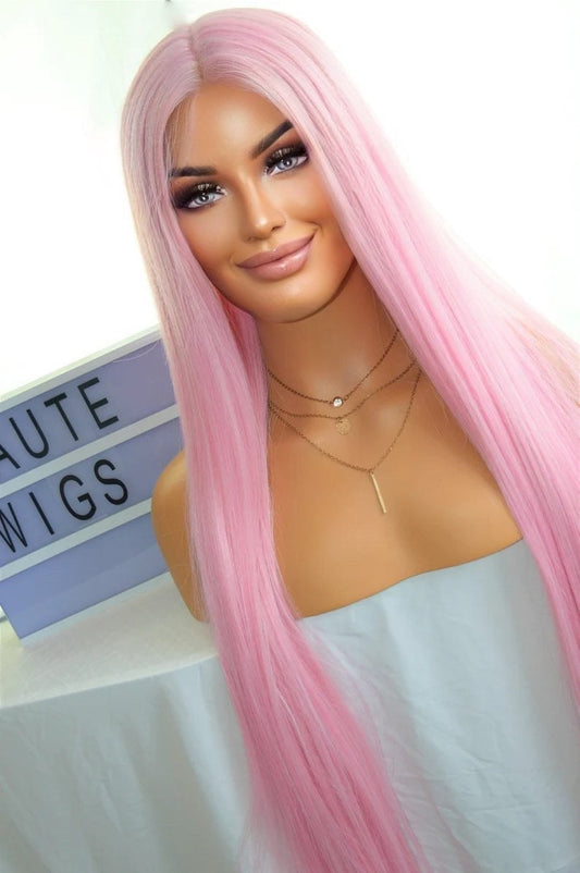 Babie XXX Long 40 Inches Lace Front Human Hair Womens Wig Ladies Cotton Candy Light Pink Luxury Baby Hairs Center Parting Straight Wigs