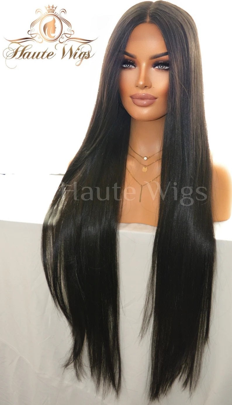 40 Inch Jet Black Straight Wig: Human Hair Blend Lace Front