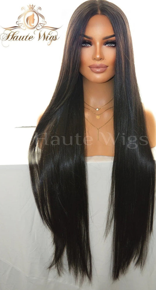 40 Inch Jet Black Straight Wig: Human Hair Blend Lace Front