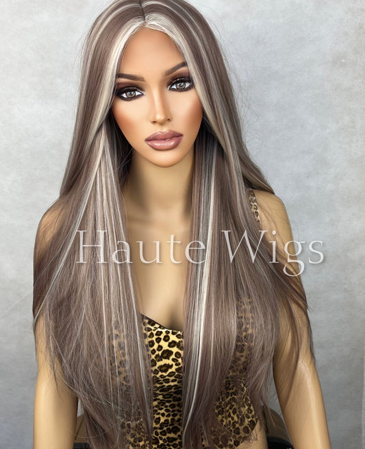 30 Inch Brunette Wig: Brown Hair with Blonde Highlights, Lace Front