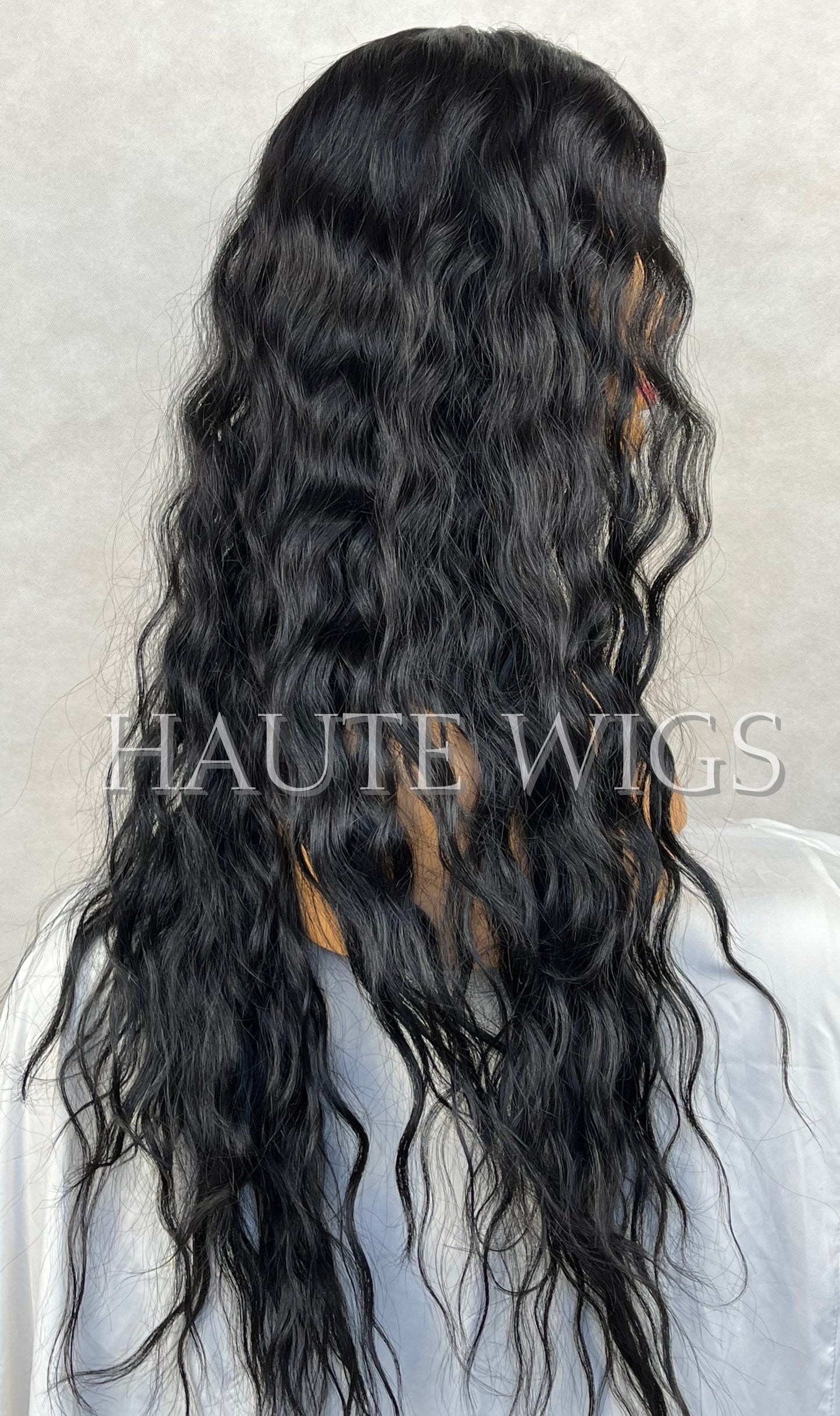 28 Inch Jet Black Water Wave Wig: Lace Front Human Hair Blend
