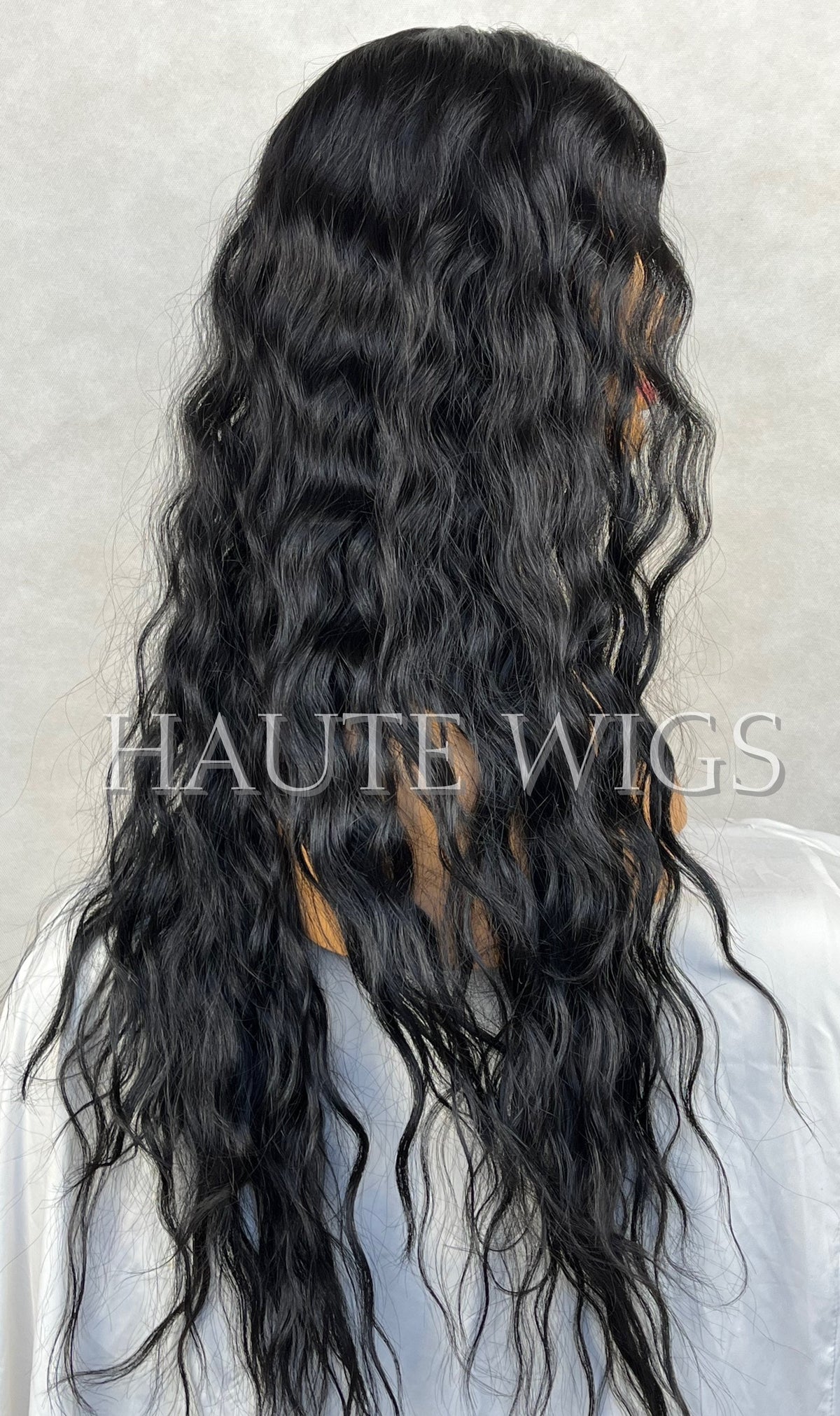 28 Inch Jet Black Water Wave Wig: Lace Front Human Hair Blend