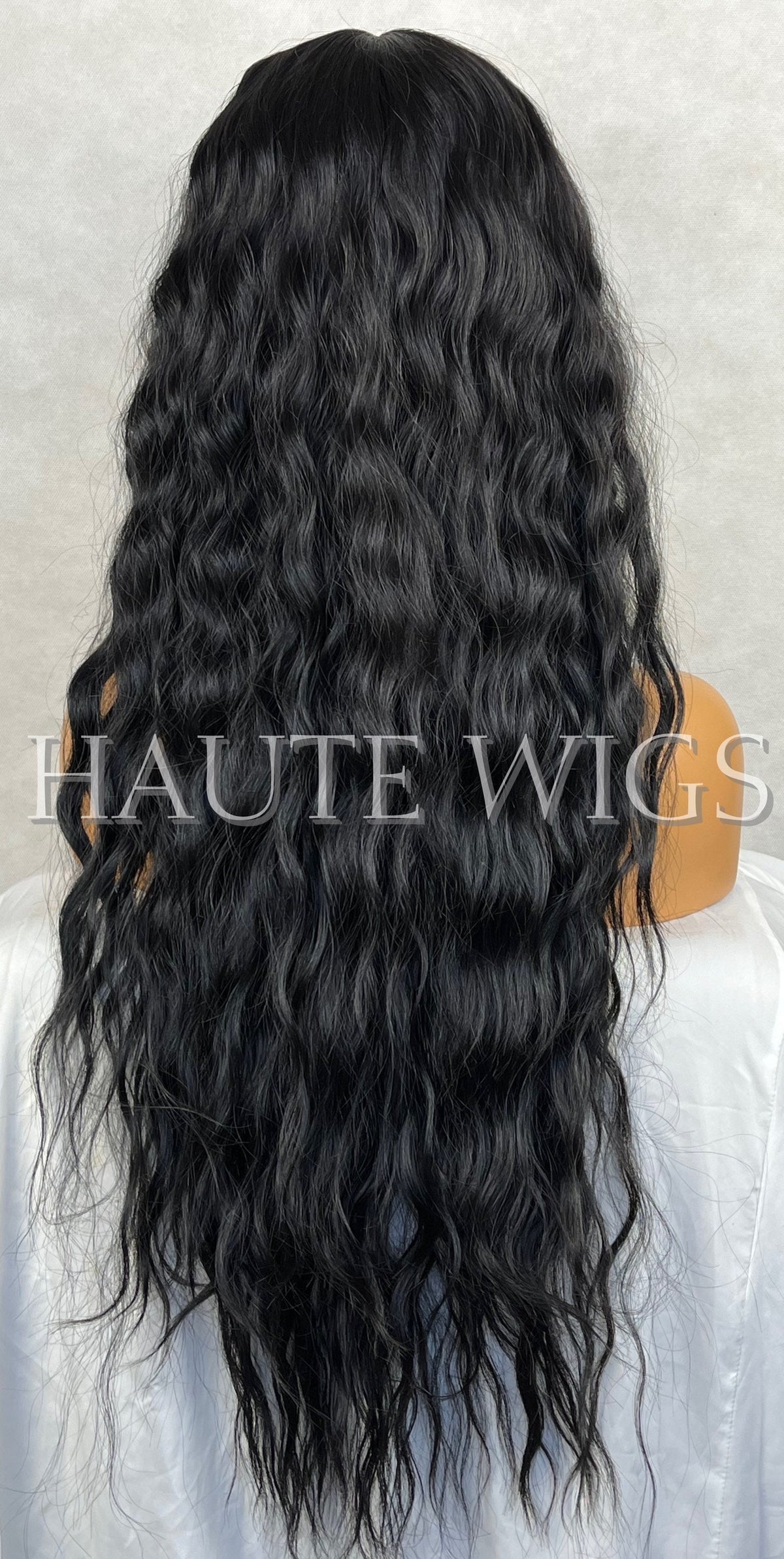28 Inch Jet Black Water Wave Wig: Lace Front Human Hair Blend