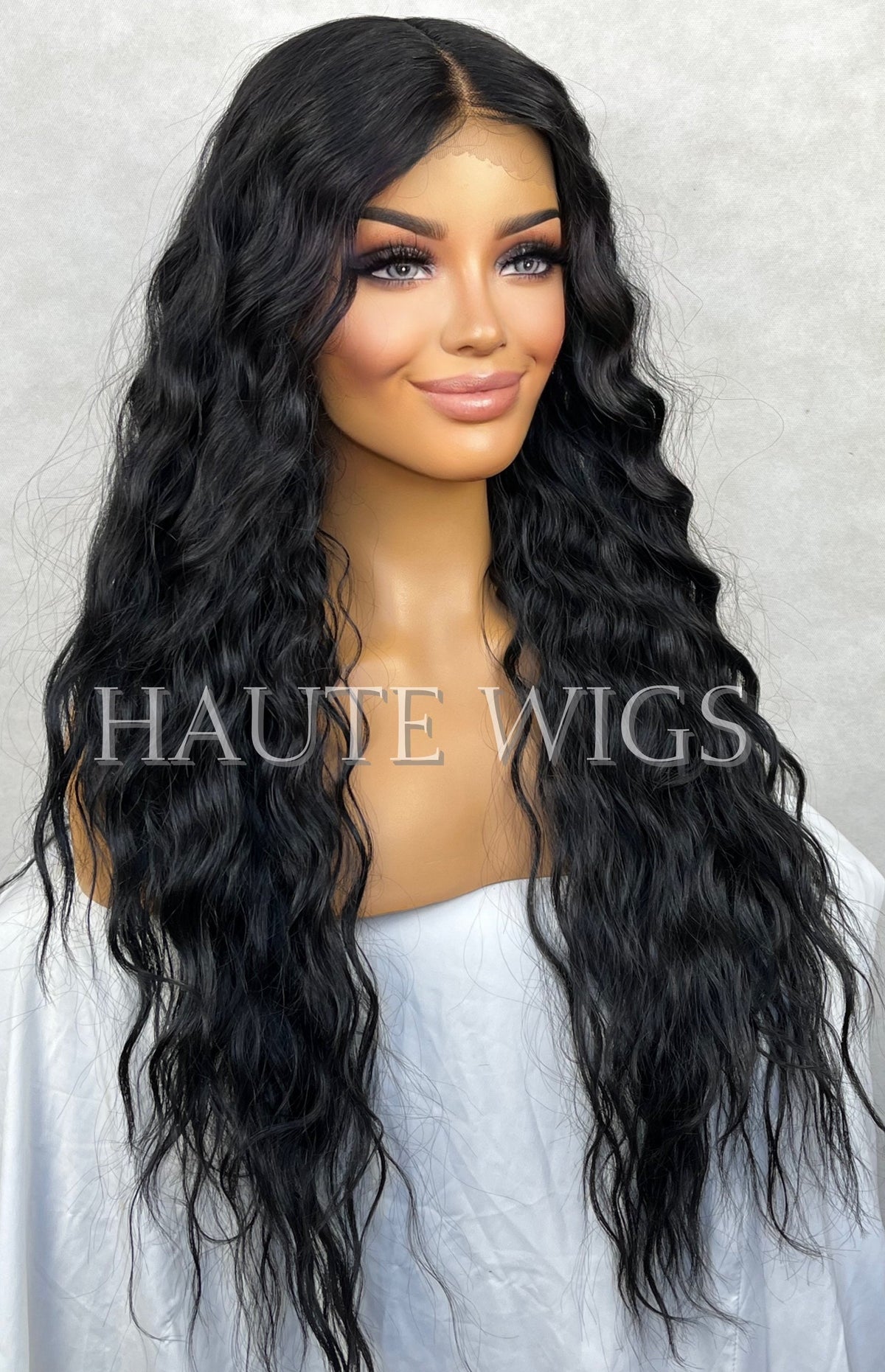 28 Inch Jet Black Water Wave Wig: Lace Front Human Hair Blend