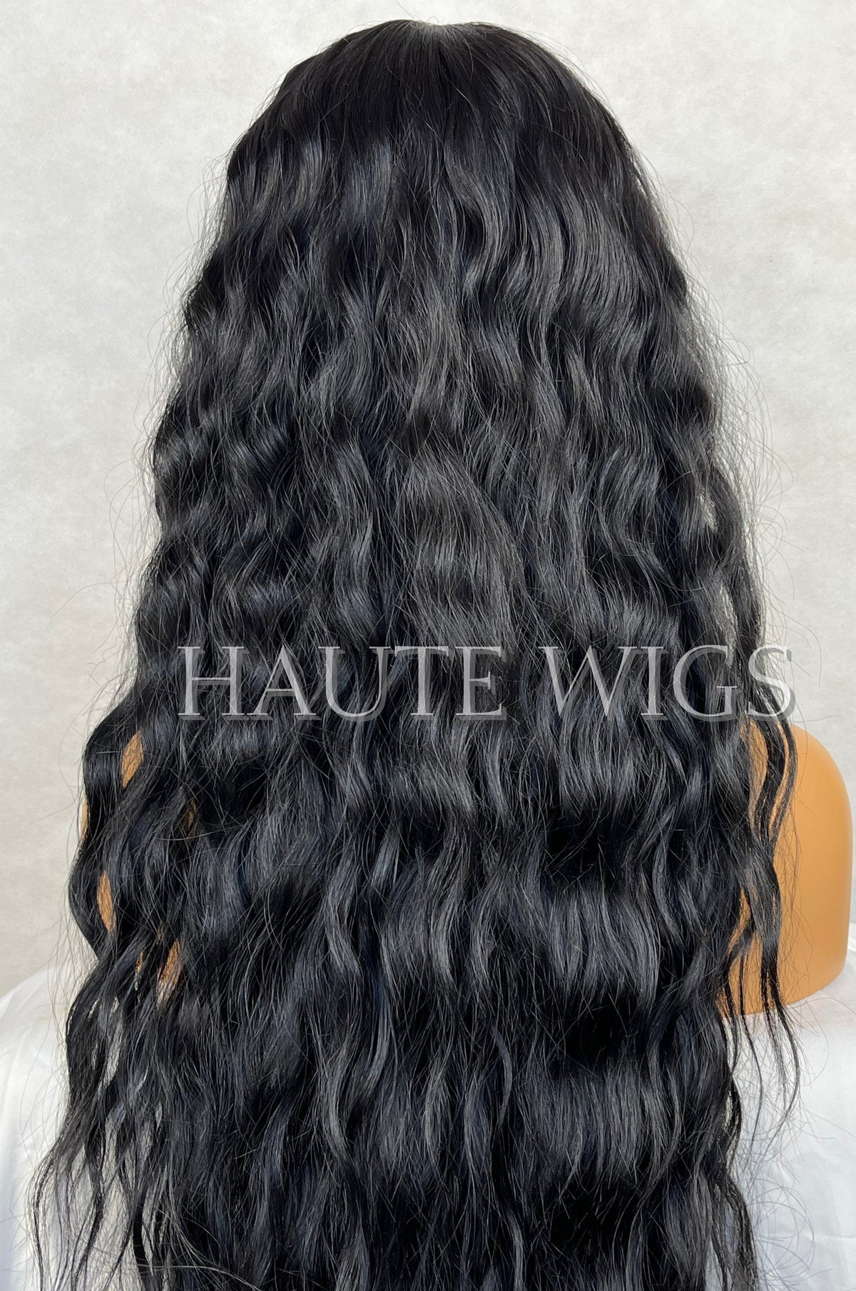 28 Inch Jet Black Water Wave Wig: Lace Front Human Hair Blend