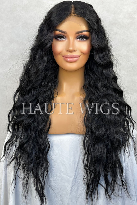 28 Inch Jet Black Water Wave Wig: Lace Front Human Hair Blend