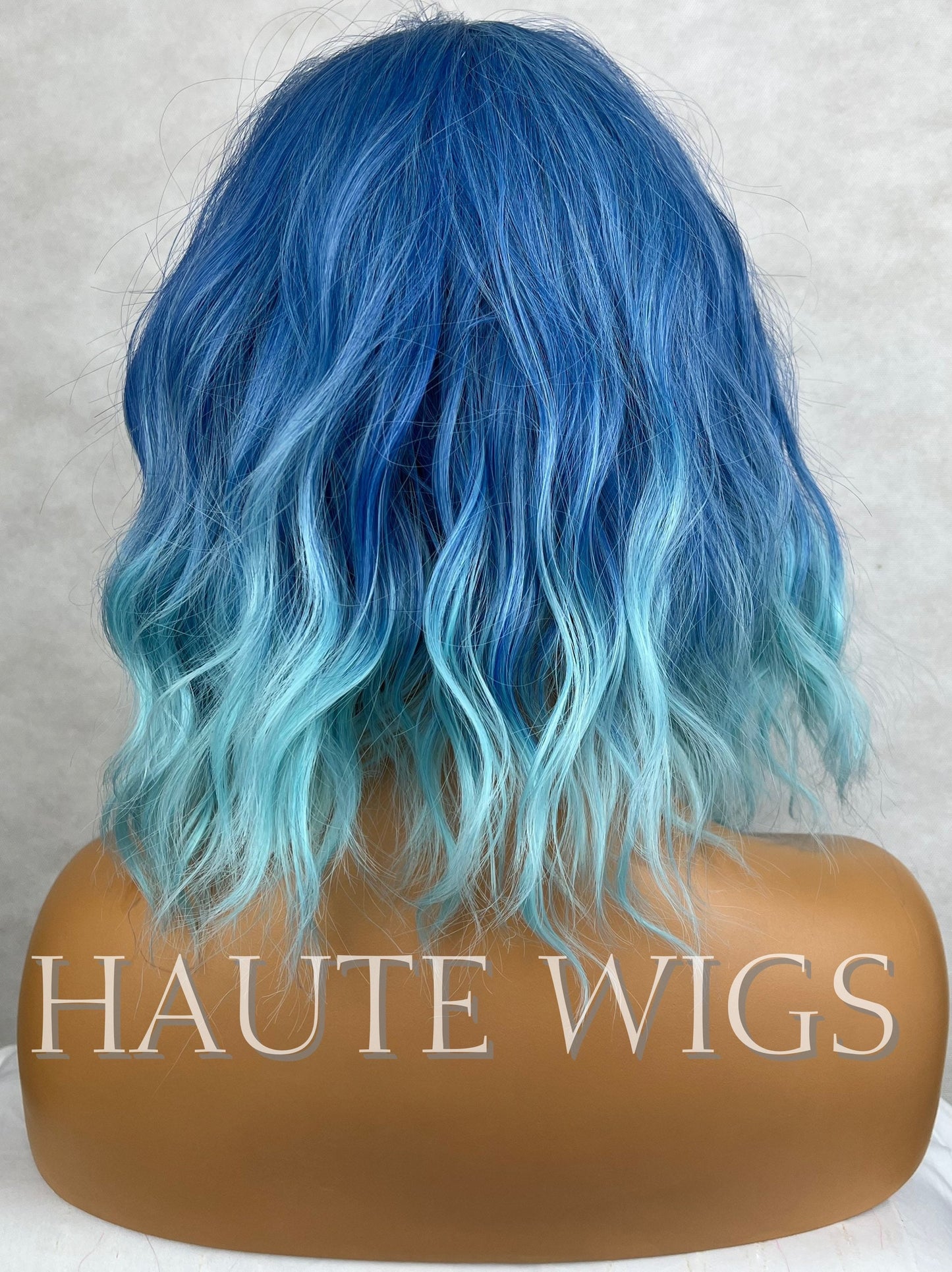 Ombre Blue Wavy Wig with Bangs: 14 Inch No Lace Front