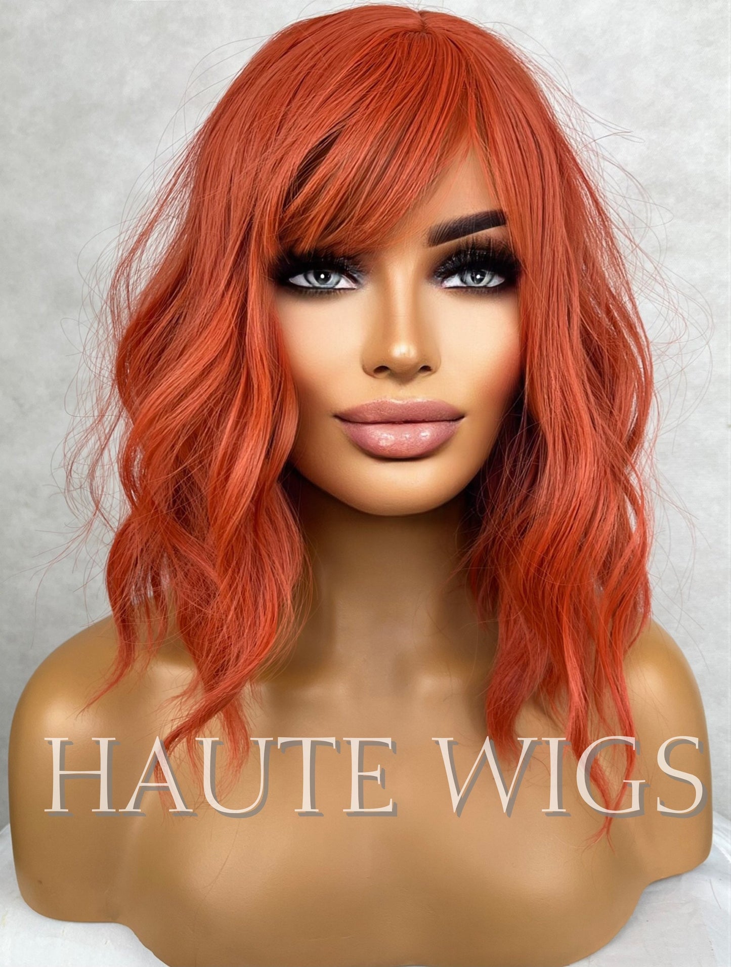 Orange Ginger Wavy Wig with Bangs: 14 Inch Heat Resistant Synthetic Hair