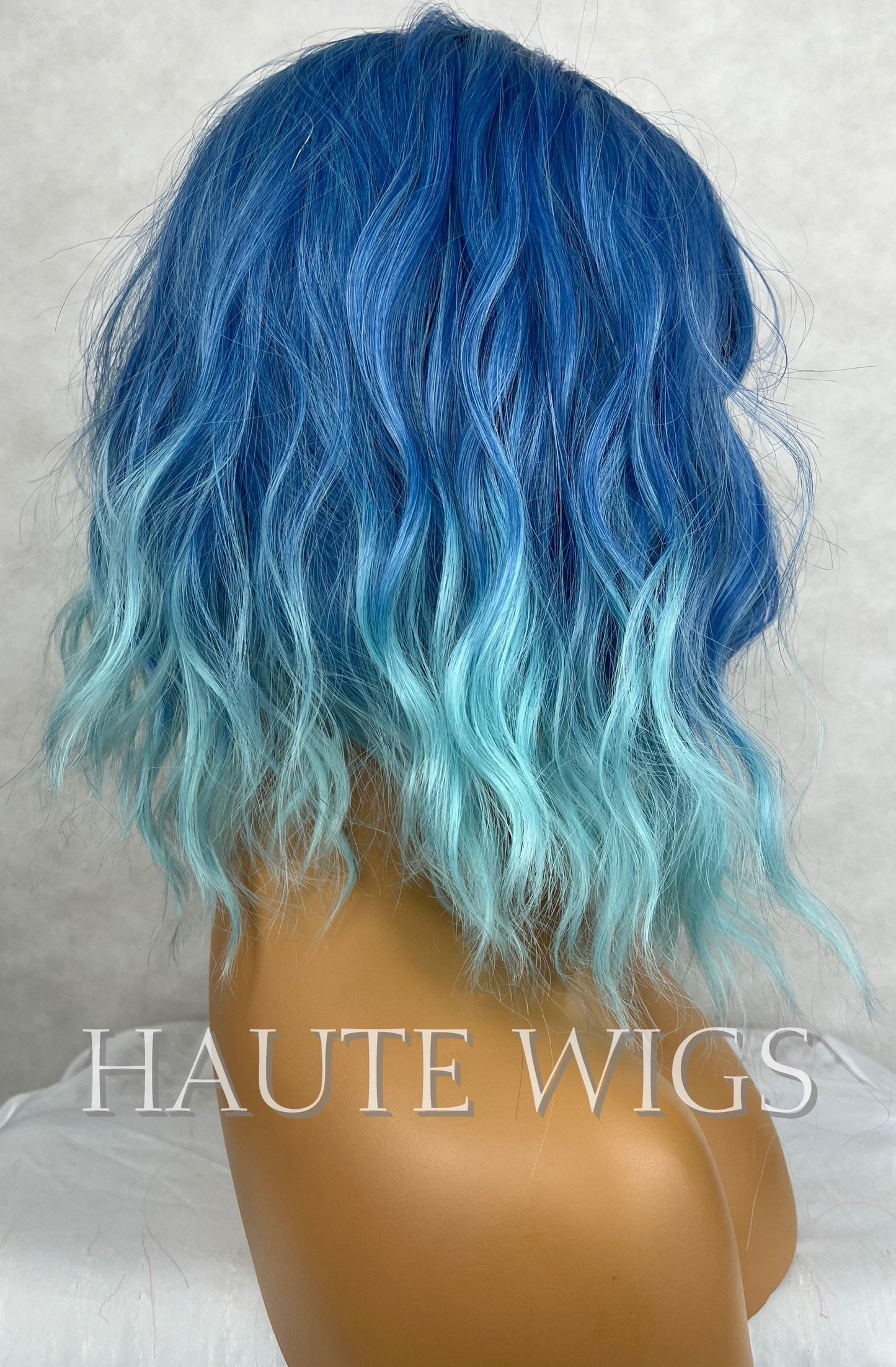 Ombre Blue Wavy Wig with Bangs: 14 Inch No Lace Front