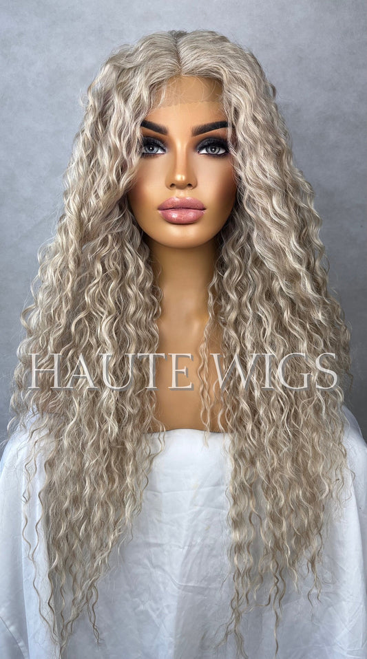 Ash Brown Blonde Lace Front Wig: Curly Deep Wave Human Hair Blend