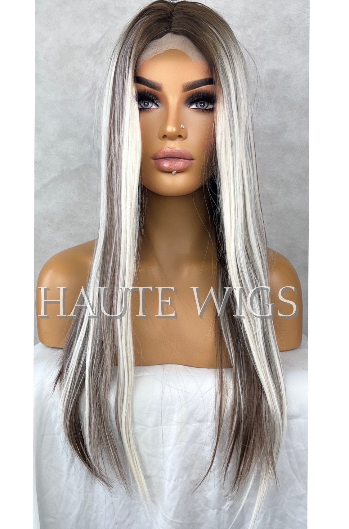 24 Inch Platinum Blonde Highlight Wig: Brown Lowlights Layered Lace Front