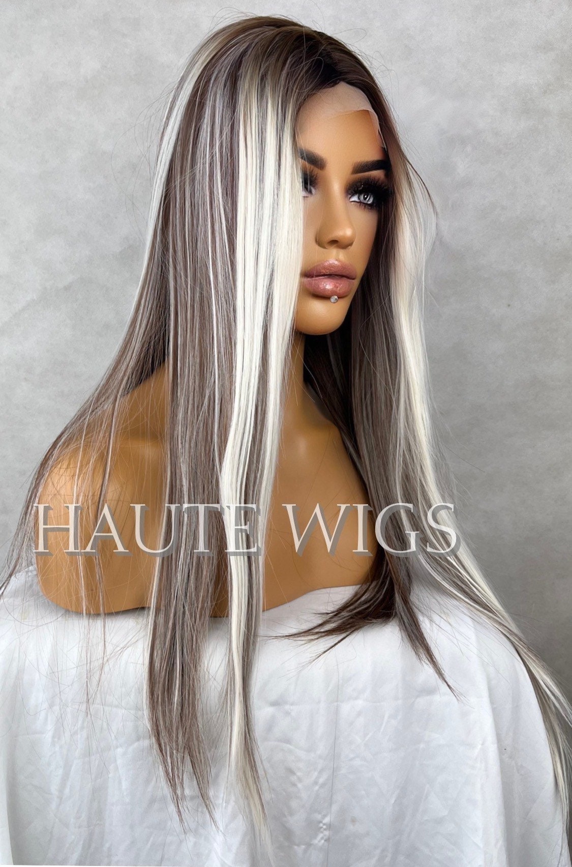 24 Inch Platinum Blonde Highlight Wig: Brown Lowlights Layered Lace Front